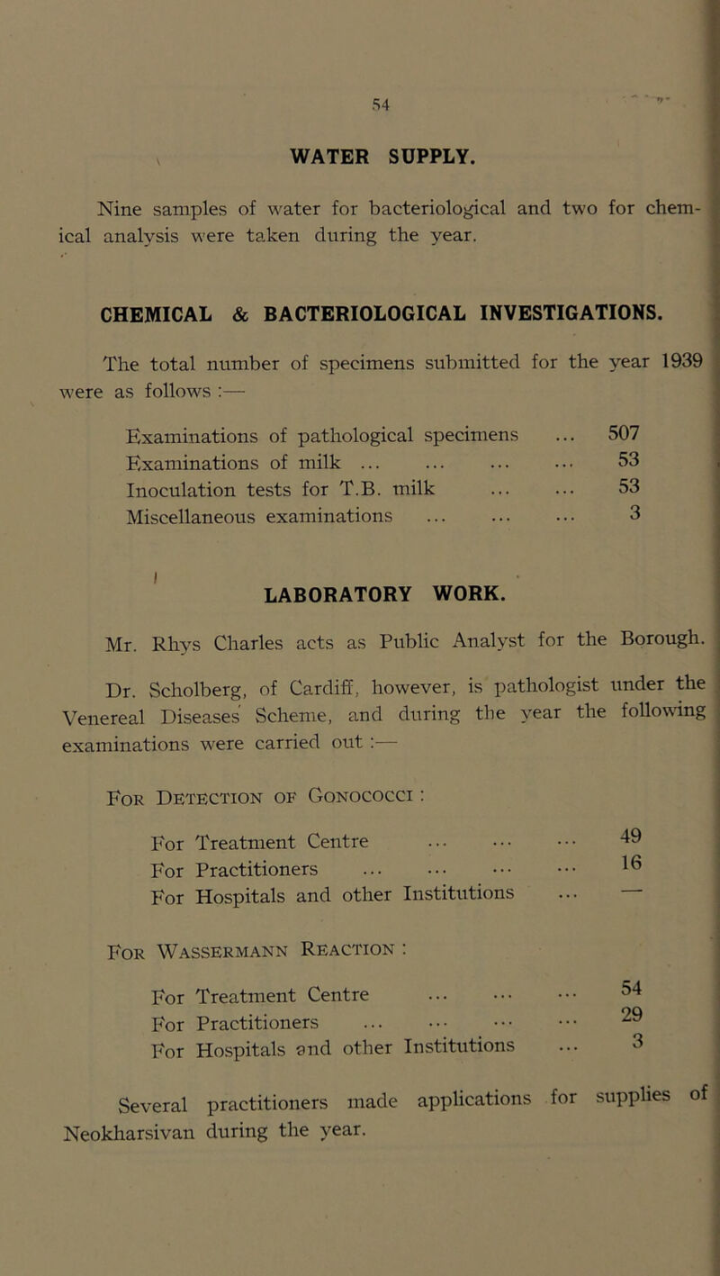S4 V WATER SUPPLY. Nine samples of water for bacteriological and two for chem- ical analysis were taken during the year. CHEMICAL & BACTERIOLOGICAL INVESTIGATIONS. The total number of specimens submitted for the year 1939 were as follows ;— Examinations of pathological specimens ... 507 Examinations of milk ... ... ... 53 Inoculation tests for T.B. milk ... ... 53 Miscellaneous examinations ... ... ... 3 ' LABORATORY WORK. Mr. Rhys Charles acts as Public Analyst for the Borough. Dr. Scholberg, of Cardiff, however, is pathologist under the Venereal Diseases Scheme, and during the year the following examinations were carried out :— For Detection of Gonococci : For Treatment Centre ... ••• ••• 49 For Practitioners For Hospitals and other Institutions ... — For Wassermann Reaction ; For Treatment Centre ... ••• ••• ^4 . • 9Q For Practitioners For Hospitals and other Institutions ... 3 Several practitioners made applications for supplies of Neokharsivan during the year.