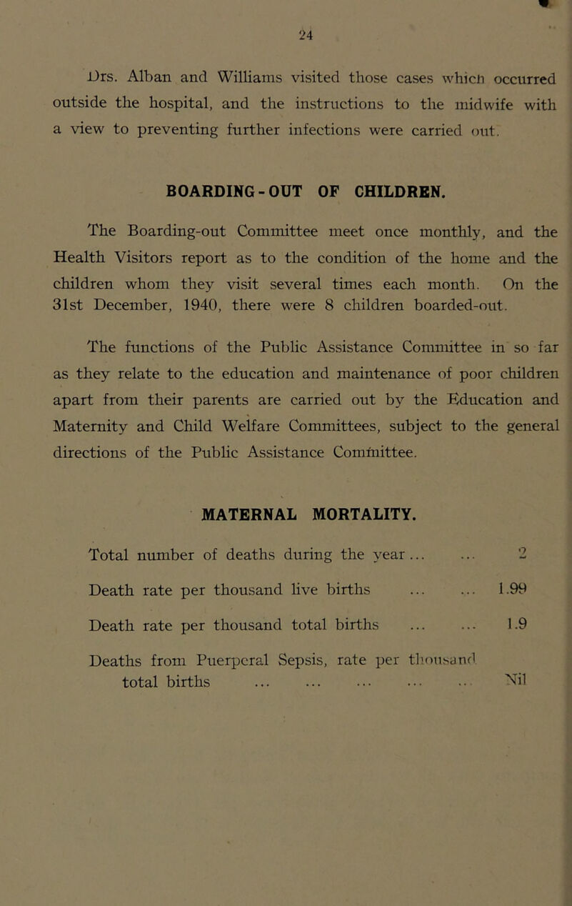 Jjrs. Alban and Williams visited those cases whicft occurred outside the hospital, and the instructions to the midwife with a view to preventing further infections were carried out. BOARDING-OUT OF CHILDREN. The Boarding-out Committee meet once monthly, and the Health Visitors report as to the condition of the home and the children whom they visit several times each month. On the 31st December, 1940, there were 8 children boarded-out. The functions of the Public Assistance Committee in so far as they relate to the education and maintenance of poor children apart from their parents are carried out by the Education and Maternity and Child Welfare Committees, subject to the general directions of the Public Assistance Committee. MATERNAL MORTALITY. Total number of deaths during the year ... ... 2 Death rate per thousand Uve births ... ... 1.99 Death rate per thousand total births ... ... 1.9 Deaths from Puerperal Sepsis, rate per tl’.ousand total births ... ... ... ... ••