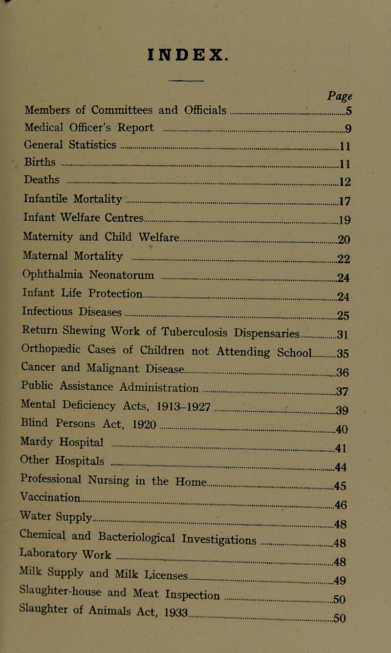 INDEX. Members of Committees and Officials Medical Officer’s Report General Statistics Births Deaths Infantile Mortality Infant Welfare Centres..... Maternity and Child Welfare Maternal Mortality Ophthalmia Neonatorum Infant Dife Protection Infectious Diseases Return Shewing Work of Tuberculosis Dispensaries Orthopaedic Cases of Children not Attending School Cancer and Malignant Disease Public Assistance Administration Mental Deficiency Acts, 1913-1927 Blind Persons Act, 1920 Mardy Hospital Other Hospitals Professional Nursing in the Home Vaccination Water Supply Chemical and Bacteriological Investigations Daboratory Work Milk Supply and Milk Dicenses Slaughter-house and Meat Inspection Slaughter of Animals Act, 1933 Page 5 9 11 11 12 17 19 20 22 24 24 25 31 35 .....36 37 39 ...„40 41 .....44 ....45 46 ....48 ....48 ....48 ....49 ....50 ....50