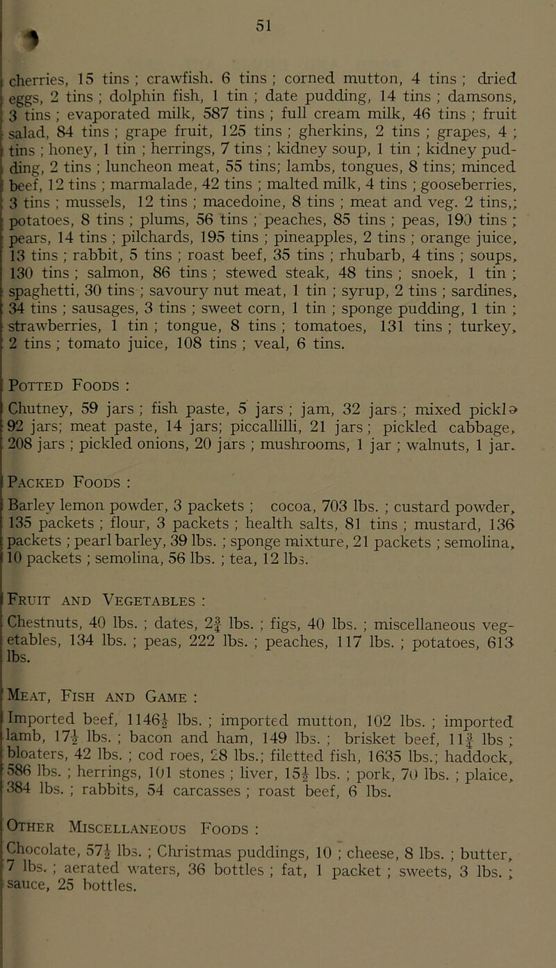 cherries, 15 tins ; crawfish. 6 tins ; corned mutton, 4 tins ; dried eggs, 2 tins ; dolphin fish, 1 tin ; date pudding, 14 tins ; damsons, 3 tins ; evaporated milk, 587 tins ; full cream milk, 46 tins ; fruit salad, 84 tins ; grape fruit, 125 tins ; gherkins, 2 tins ; grapes, 4 ; tins ; hone}^ 1 tin ; herrings, 7 tins ; kidney soup, 1 tin ; kidney pud- ding, 2 tins ; luncheon meat, 55 tins; lambs, tongues, 8 tins; minced beef, 12 tins ; marmalade, 42 tins ; malted milk, 4 tins ; gooseberries, 3 tins ; mussels, 12 tins ; macedoine, 8 tins ; meat and veg. 2 tins,; potatoes, 8 tins ; plums, 56 tins ; peaches, 85 tins ; peas, 190 tins ; pears, 14 tins ; pilchards, 195 tins ; pineapples, 2 tins ; orange juice, 13 tins ; rabbit, 5 tins ; roast beef, 35 tins ; rhubarb, 4 tins ; soups, 130 tins ; salmon, 86 tins ; stewed steak, 48 tins ; snoek, 1 tin ; spaghetti, 30 tins ; savoury nut meat, 1 tin ; syrup, 2 tins ; sardines, 34 tins ; sausages, 3 tins ; sweet corn, 1 tin ; sponge pudding, 1 tin ; strawberries, 1 tin ; tongue, 8 tins ; tomatoes, 131 tins ; turkey, 2 tins; tomato juice, 108 tins ; veal, 6 tins. Potted Foods : Chutney, 59 jars; fish paste, 5 jars; jam, 32 jars; mixed picklo 92 jars; meat paste, 14 jars; piccallilli, 21 jars; pickled cabbage, 208 jars ; pickled onions, 20 jars ; mushrooms, 1 jar ; walnuts, 1 jar. Packed Foods: Barley lemon powder, 3 packets ; cocoa, 703 lbs. ; custard powder, 135 packets ; flour, 3 packets ; health salts, 81 tins ; mustard, 136 packets ; pearl barley, 39 lbs. ; sponge mixture, 21 packets ; semolina, 10 packets ; semolina, 56 lbs. ; tea, 12 lbs. Fruit and Vegetables : Chestnuts, 40 lbs. ; dates, 2| lbs. ; figs, 40 lbs. ; miscellaneous veg- etables, 134 lbs. ; peas, 222 lbs. ; peaches, 117 lbs. ; potatoes, 613 lbs. Meat, Fish and Game : Imported beef, 1146| lbs. ; imported mutton, 102 lbs. ; imported lamb, lbs. ; bacon and ham, 149 lbs. ; brisket beef, Ilf lbs; bloaters, 42 lbs. ; cod roes, 28 lbs.; filetted fish, 1635 lbs.; haddock, 586 lbs. ; herrings, 101 stones ; liver, 15^ lbs. ; pork, 70 lbs. ; plaice, 384 lbs. ; rabbits, 54 carcasses ; roast beef, 6 lbs. Other Miscellaneous Foods : Chocolate, 57| lbs. ; Christmas puddings, 10 ; cheese, 8 lbs. ; butter, 7 lbs. ; aerated waters, 36 bottles ; fat, 1 packet ; sweets, 3 lbs. ; sauce, 25 bottles.
