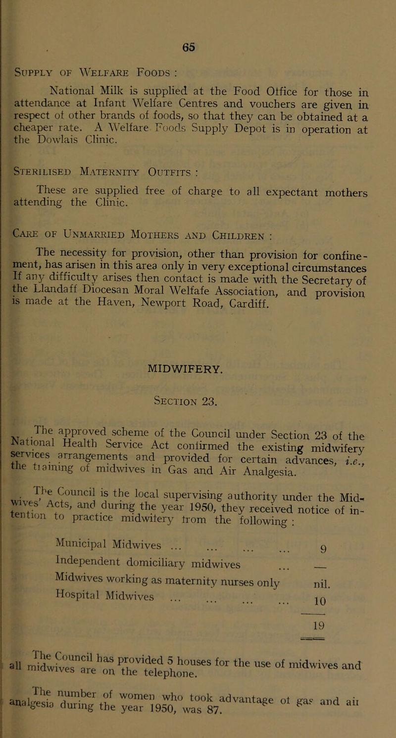 Supply of Welfare Foods : National Milk is supplied at the Food Olfice for those in attendance at Infant Welfare Centres and vouchers are given in. respect ot other brands of foods, so that they can be obtained at a cheaper rate. A Welfare Food.? Supply Depot is in operation at the Dowlais Clinic. Sterilised Maternity Outfits : These are supplied free of charge to all expectant mothers attending the Clinic. Care of Unmarried Mothers and Children : The necessity for provision, other than provision for confine- ment, has arisen in this area only in very exceptional circumstances If 3057 difficulty arises then contact is made with the Secretary of Llandaff Diocesan Moral Welfafe Association, and provision is made at the Haven, Newport Road, Cardiff, MIDWIFERY. Section 23, The approved scheme of the Council under Section 23 of the iNational Health Service Act confirmed the existing midwiferv ^rvices arrangempts and provided for certain advances, i.e\ the tiammg of midwives in Gas and Air Analgesia. Council is the local supervising authority under the Mid- tentiL f during the year 1950, they received notice of in- tention to practice midwifery from the following ; Municipal Midwives ... ... g Independent domiciliary midwives Midwives working as maternity nurses only ni] Hospital Midwives ... ... Iq 19 all m’itSrS The number of f analgesia during the women who took advantage of gas and aii year 19o0, was 87.