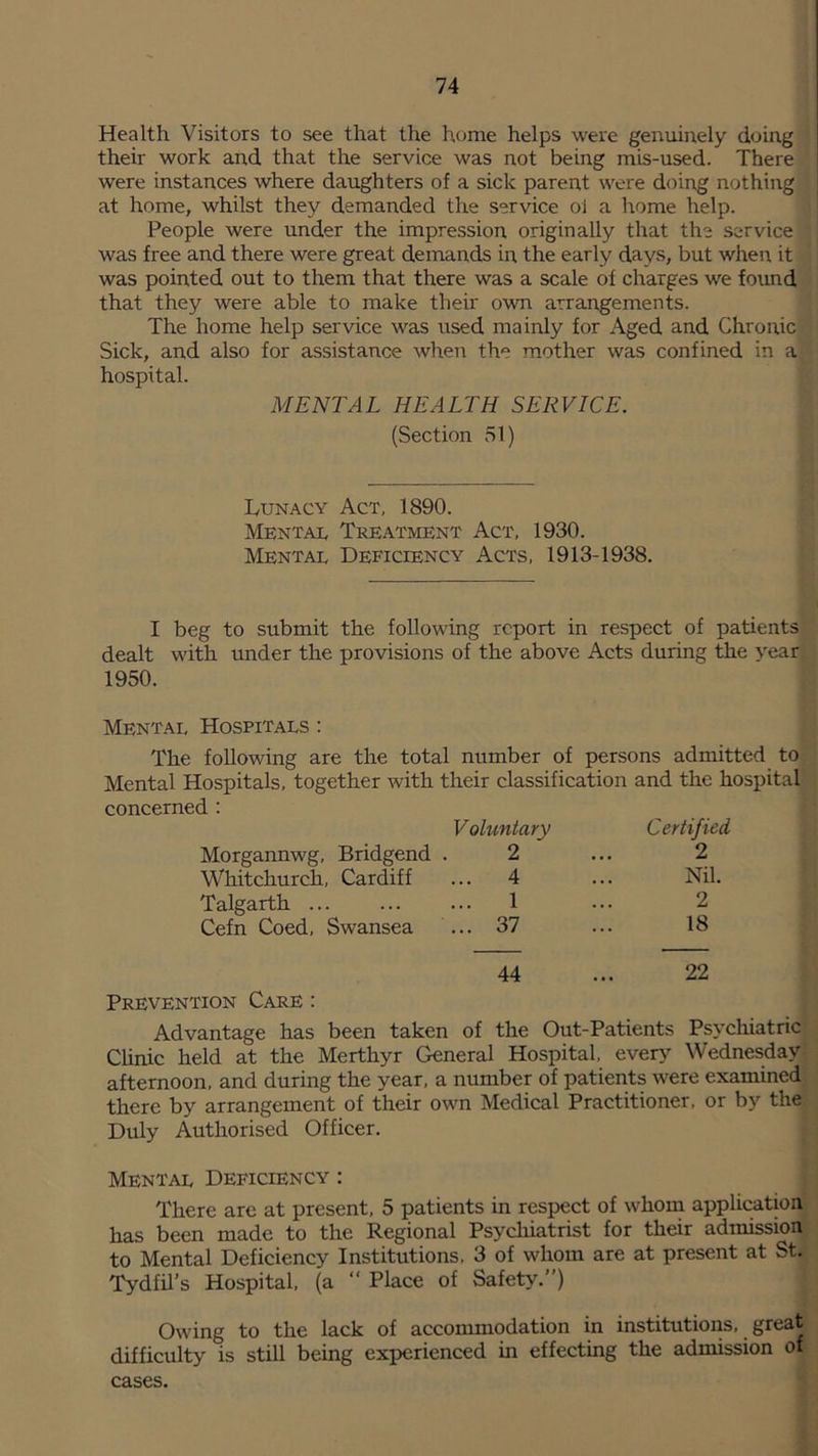 Health Visitors to see that the home helps were genuinely doing their work and that the service was not being mis-used. There were instances where daughters of a sick parent were doing nothing at home, whilst they demanded the service ol a home help. People were under the impression originally that the service was free and there were great demands in the early days, but when it was pointed out to them that there was a scale of charges we found that they were able to make their own arrangements. The home help service was used mainly for Aged and Chronic Sick, and also for assistance when the mother was confined in a hospital. MENTAL HEALTH SERVICE. (Section 51) Lunacy Act, 1890. Mental Treatment Act, 1930. Mental DEFiaENCv Acts, 1913-1938. I beg to submit the following report in respect of patients dealt with under the provisions of the above Acts during the year 1950. Mentai, Hospitals : The following are the total number of persons admitted to Mental Hospitals, together with their classification and the hospital concerned : Voluntary Certified Morgannwg, Bridgend 2 2 Whitchurch, Cardiff ... 4 Nil. Talgarth ... 1 2 Cefn Coed, Swansea ... 37 18 44 22 Prevention Care : Advantage has been taken of the Out-Patients Psychiatric Clinic held at the Merthyr General Hospital, every Wednesday afternoon, and during the year, a number of patients were examined there by arrangement of their own Medical Practitioner, or by the Duly Authorised Officer. Mental Deficiency : There are at present, 5 patients in respect of whom application has been made to the Regional Psychiatrist for their admission to Mental Deficiency Institutions, 3 of whom are at present at St, Tydfil’s Hospital, (a “ Place of Safety.”) Owing to the lack of accommodation in institutions, great difficulty is stiU being experienced in effecting the admission of cases.