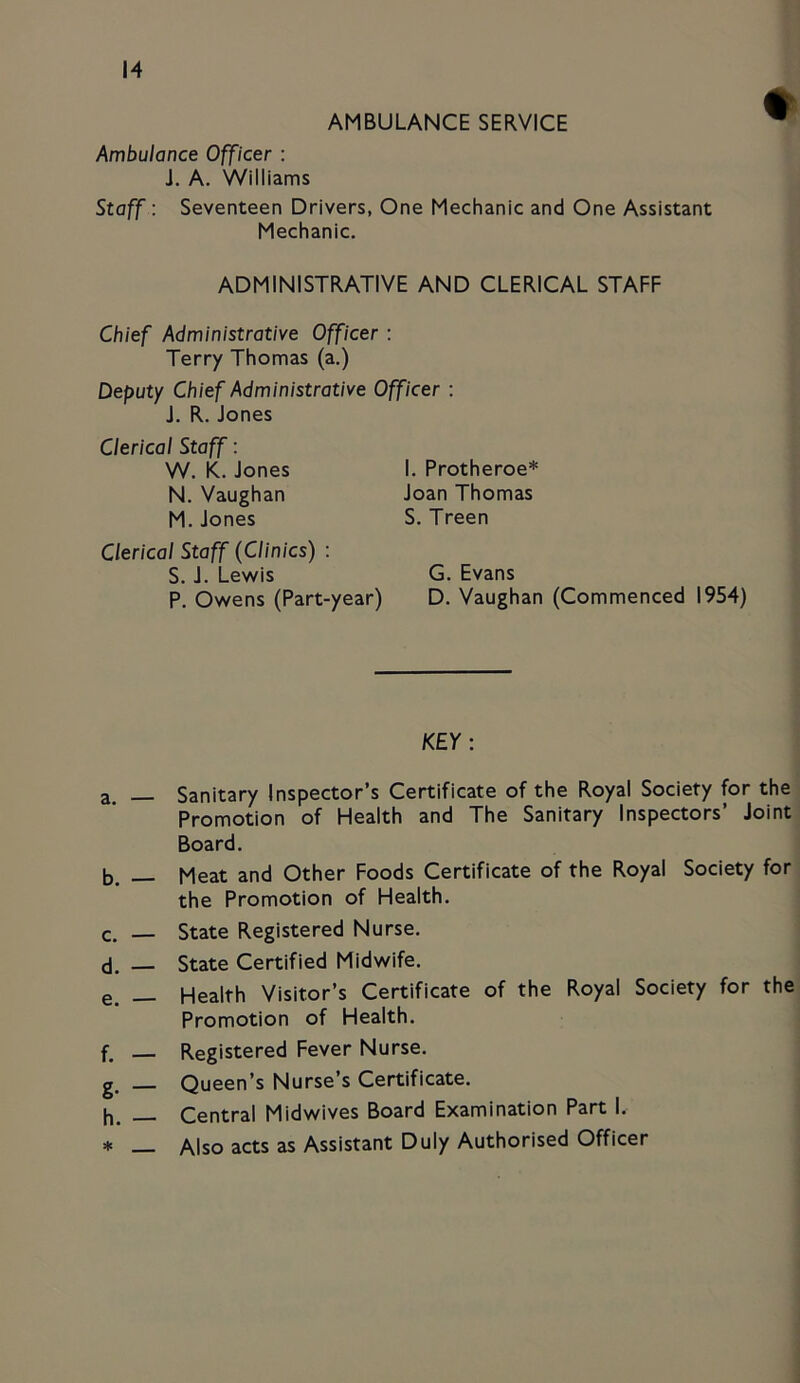 AMBULANCE SERVICE Ambulance Officer : J. A. Williams Staff: Seventeen Drivers, One Mechanic and One Assistant Mechanic. ADMINISTRATIVE AND CLERICAL STAFF Chief Administrative Officer : Terry Thomas (a.) Deputy Chief Administrative Officer : J. R. Jones Clerical Staff: W. K. Jones N. Vaughan M.Jones Clerical Staff (Clinics) : S. J. Lewis P. Owens (Part-year) I. Protheroe* Joan Thomas S. Treen G. Evans D. Vaughan (Commenced 1954) KEY: a. Sanitary Inspector’s Certificate of the Royal Society for the Promotion of Health and The Sanitary Inspectors’ Joint Board. b. Meat and Other Foods Certificate of the Royal Society for the Promotion of Health. c. — State Registered Nurse. d. — State Certified Midwife. e. _ Health Visitor’s Certificate of the Royal Society for the Promotion of Health. f_ Registered Fever Nurse. g. _ Queen’s Nurse’s Certificate. b. Central Midwives Board Examination Part I. * Also acts as Assistant Duly Authorised Officer