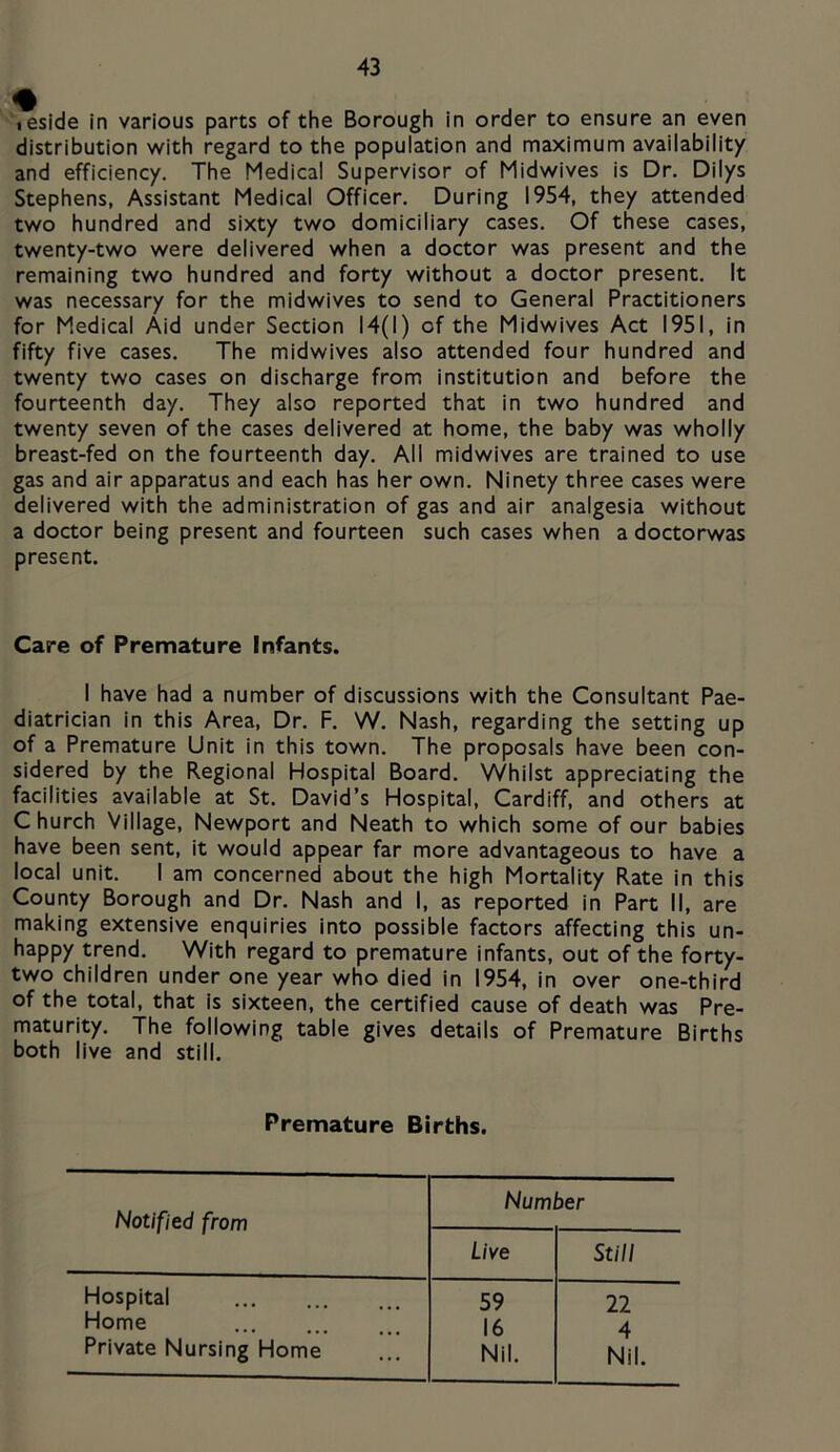 leside in various parts of the Borough in order to ensure an even distribution with regard to the population and maximum availability and efficiency. The Medical Supervisor of Midwives is Dr. Dilys Stephens, Assistant Medical Officer. During 1954, they attended two hundred and sixty two domiciliary cases. Of these cases, twenty-two were delivered when a doctor was present and the remaining two hundred and forty without a doctor present. It was necessary for the midwives to send to General Practitioners for Medical Aid under Section 14(1) of the Midwives Act 1951, in fifty five cases. The midwives also attended four hundred and twenty two cases on discharge from institution and before the fourteenth day. They also reported that in two hundred and twenty seven of the cases delivered at home, the baby was wholly breast-fed on the fourteenth day. All midwives are trained to use gas and air apparatus and each has her own. Ninety three cases were delivered with the administration of gas and air analgesia without a doctor being present and fourteen such cases when adoctorwas present. Care of Premature Infants. I have had a number of discussions with the Consultant Pae- diatrician in this Area, Dr. F. W. Nash, regarding the setting up of a Premature Unit in this town. The proposals have been con- sidered by the Regional Hospital Board. Whilst appreciating the facilities available at St. David’s Hospital, Cardiff, and others at C hurch Village, Newport and Neath to which some of our babies have been sent, it would appear far more advantageous to have a local unit. I am concerned about the high Mortality Rate in this County Borough and Dr. Nash and I, as reported in Part II, are making extensive enquiries into possible factors affecting this un- happy trend. With regard to premature infants, out of the forty- two children under one year who died in 1954, in over one-third of the total, that is sixteen, the certified cause of death was Pre- maturity. The following table gives details of Premature Births both live and still. Premature Births. Notified from Number Live Still Hospital 59 22 Home 16 4 Private Nursing Home Nil. Nil.