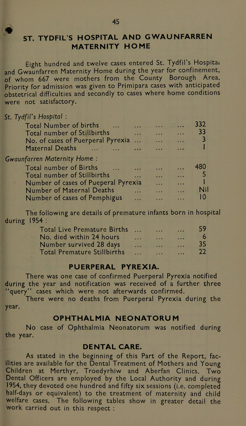 ST. TYDFIL’S HOSPITAL AND GWAUNFARREN MATERNITY HOME Eight hundred and twelve cases entered St. Tydfil’s Hospital and Gwaunfarren Maternity Home during the year for confinement, of whom 667 were mothers from the County Borough Area. Priority for admission was given to Primipara cases with anticipated obstetrical difficulties and secondly to cases where home conditions were not satisfactory. St. Tydfil's Hospital : Total Number of births Total number of Stillbirths No. of cases of Puerperal Pyrexia ... Maternal Deaths Gwaunfarren Maternity Home : Total number of Births Total number of Stillbirths Number of cases of Pueperal Pyrexia Number of Maternal Deaths Number of cases of Pemphigus 332 33 3 I 480 5 1 Nil 10 The following are details of premature infants born in during 1954 ; Total Live Premature Births No. died within 24 hours Number survived 28 days Total Premature Stillbirths hospital 59 6 35 22 PUERPERAL PYREXIA. There was one case of confirmed Puerperal Pyrexia notified during the year and notification was received of a further three “query” cases which were not afterwards confirmed. There were no deaths from Puerperal Pyrexia during the year. OPHTHALMIA NEONATORUM No case of Ophthalmia Neonatorum was notified during the year. DENTAL CARE. As stated in the beginning of this Part of the Report, fac- ilities are available for the Dental Treatment of Mothers and Young Children at Merthyr, Troedyrhiw and Aberfan Clinics. Two Dental Officers are employed by the Local Authority and during 1954, they devoted one hundred and fifty six sessions (i.e. completed half-days or equivalent) to the treatment of maternity and child welfare cases. The following tables show in greater detail the work carried out in this respect :