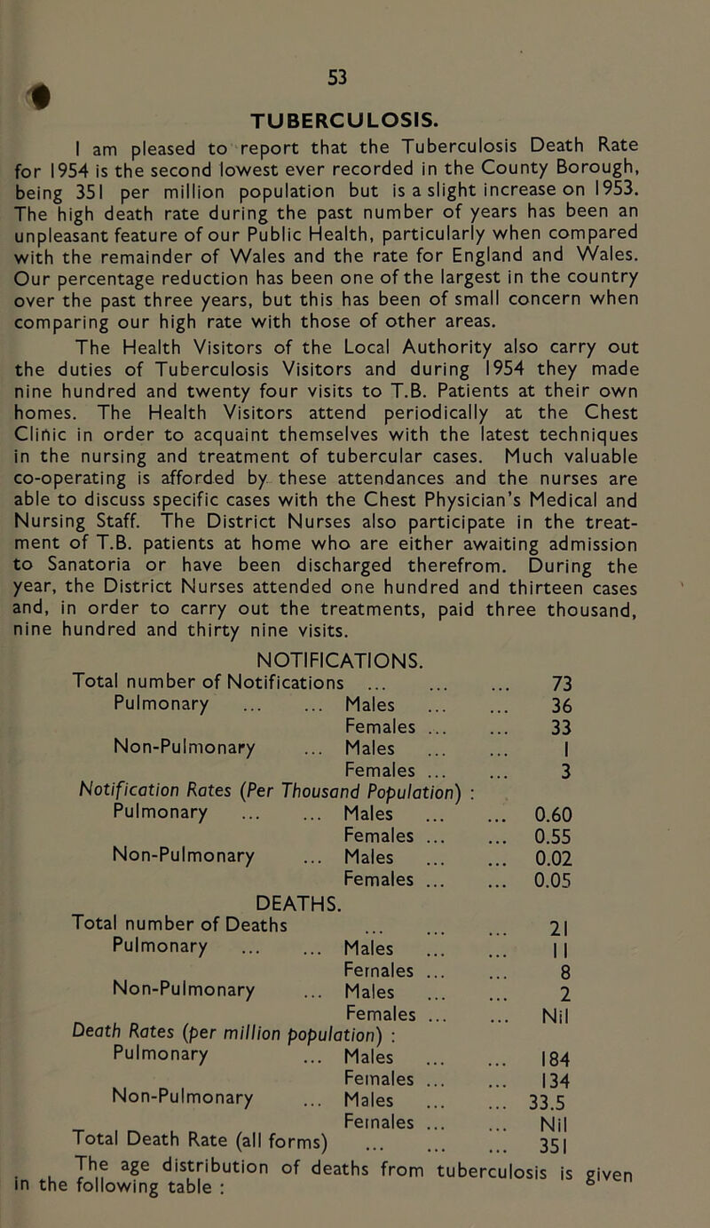 TUBERCULOSIS. I am pleased to report that the Tuberculosis Death Rate for 1954 is the second lowest ever recorded in the County Borough, being 351 per million population but is a slight increase on 1953. The high death rate during the past number of years has been an unpleasant feature of our Public Health, particularly when compared with the remainder of Wales and the rate for England and Wales. Our percentage reduction has been one of the largest in the country over the past three years, but this has been of small concern when comparing our high rate with those of other areas. The Health Visitors of the Local Authority also carry out the duties of Tuberculosis Visitors and during 1954 they made nine hundred and twenty four visits to T.B. Patients at their own homes. The Health Visitors attend periodically at the Chest Clinic in order to acquaint themselves with the latest techniques in the nursing and treatment of tubercular cases. Much valuable co-operating is afforded by these attendances and the nurses are able to discuss specific cases with the Chest Physician’s Medical and Nursing Staff. The District Nurses also participate in the treat- ment of T.B. patients at home who are either awaiting admission to Sanatoria or have been discharged therefrom. During the year, the District Nurses attended one hundred and thirteen cases and, in order to carry out the treatments, paid three thousand, nine hundred and thirty nine visits. NOTIFICATIONS Total number of Notifications ... Pulmonary Males Females Non-Pulmonary ... Males Females Notification Rotes (Per Thousand Population) : Pulmonary Males Females Non-Pulmonary ... Males Females 73 36 33 I 3 0.60 0.55 0.02 0.05 DEATHS. Total number of Deaths Pulmonary Males Females Non-Pulmonary ... Males Females Death Rates (per million population) : Pulmonary ... Males Females Non-Pulmonary ... Males Females Total Death Rate (all forms) The age distribution of deaths from in the following table : 21 11 8 2 Nil 184 134 33.5 Nil 351 tuberculosis is given