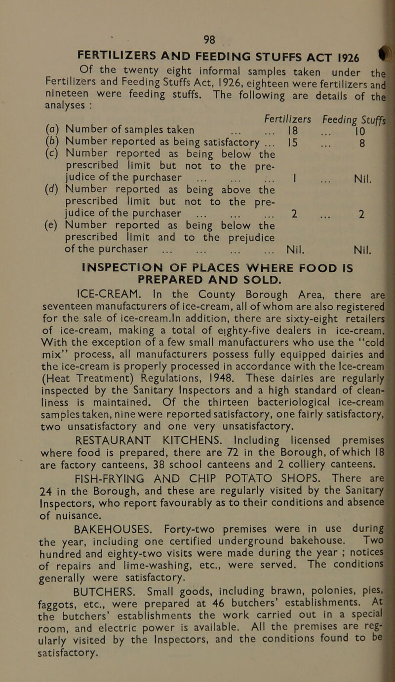 FERTILIZERS AND FEEDING STUFFS ACT 1926 ® Of the twenty eight informal samples taken under the ^ Fertilizers and Feeding Stuffs Act, 1926, eighteen were fertilizers and nineteen were feeding stuffs. The following are details of the analyses : ■ Fertilizers Feeding Stuffs (o) Number of samples taken 18 10 (b) Number reported as being satisfactory ... 15 8 (c) Number reported as being below the prescribed limit but not to the pre- judice of the purchaser 1 Nil. (d) Number reported as being above the prescribed limit but not to the pre- judice of the purchaser 2 2 (e) Number reported as being below the prescribed limit and to the prejudice of the purchaser Nil. Nil. INSPECTION OF PLACES WHERE FOOD IS PREPARED AND SOLD. ICE-CREAM. In the County Borough Area, there are i seventeen manufacturers of ice-cream, all of whom are also registered for the sale of ice-cream.In addition, there are sixty-eight retailers of ice-cream, making a total of eighty-five dealers in ice-cream. With the exception of a few small manufacturers who use the “cold mix” process, all manufacturers possess fully equipped dairies and the ice-cream is properly processed in accordance with the Ice-cream (Heat Treatment) Regulations, 1948. These dairies are regularly inspected by the Sanitary Inspectors and a high standard of clean- j liness is maintained. Of the thirteen bacteriological ice-cream ■ samples taken, nine were reported satisfactory, one fairly satisfactory, ; two unsatisfactory and one very unsatisfactory. RESTAURANT KITCHENS. Including licensed premises | where food is prepared, there are 72 in the Borough, of which 18 ■ are factory canteens, 38 school canteens and 2 colliery canteens. FISH-FRYING AND CHIP POTATO SHOPS. There are 24 in the Borough, and these are regularly visited by the Sanitary ■ Inspectors, who report favourably as to their conditions and absence of nuisance. I BAKEHOUSES. Forty-two premises were in use during | the year, including one certified underground bakehouse. Two * hundred and eighty-two visits were made during the year ; notices ; of repairs and lime-washing, etc., were served. The conditions ] generally were satisfactory. i ] BUTCHERS. Small goods, including brawn, polonies, pies, ■ faggots, etc., were prepared at 46 butchers’ establishments. At j the butchers’ establishments the work carried out in a special > room, and electric power is available. All the premises are reg- I ularly visited by the Inspectors, and the conditions found to be ] satisfactory, ]