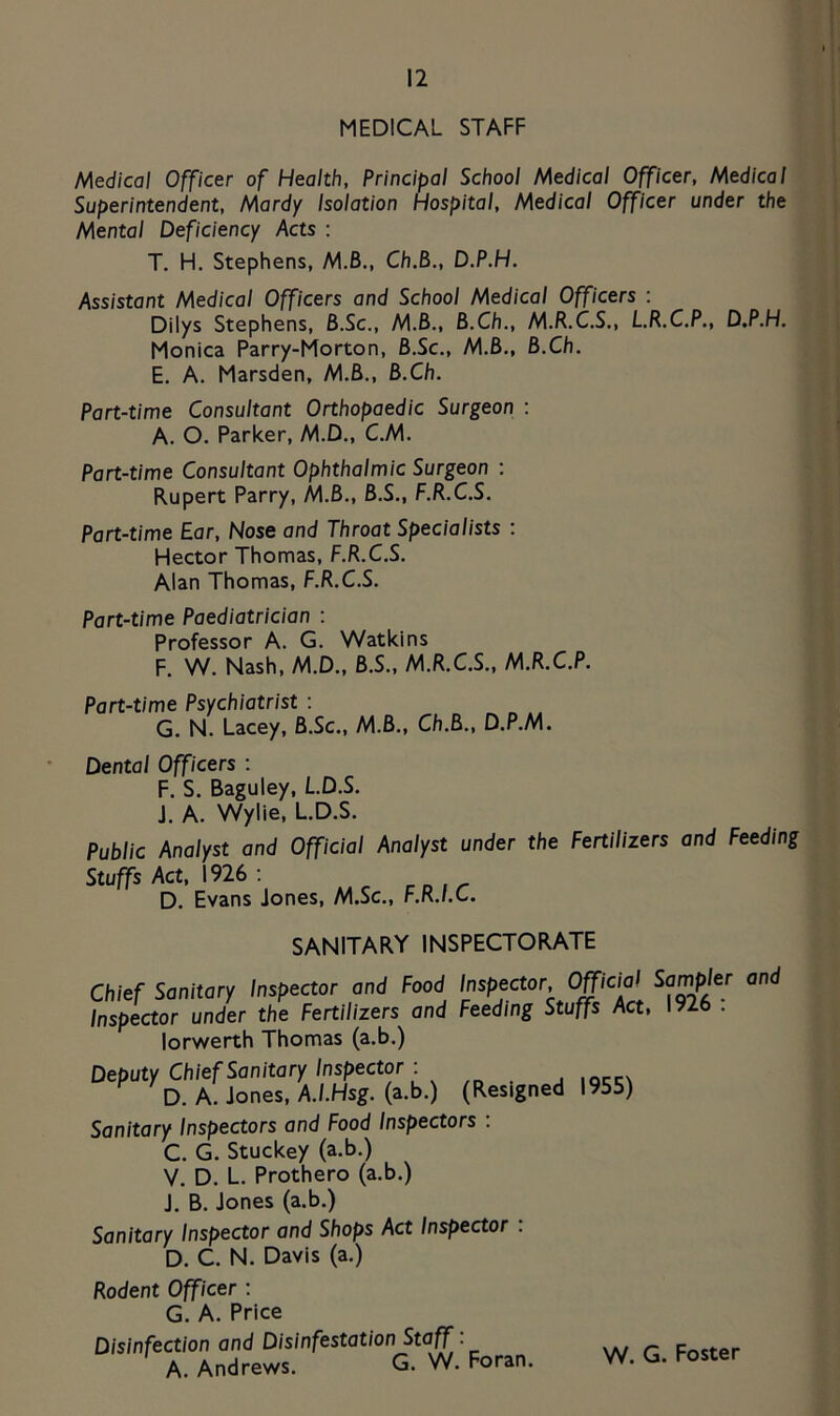 MEDICAL STAFF Medical Officer of Health, Principal School Medical Officer, Medical Superintendent, Mardy Isolation Hospital, Medical Officer under the Mental Deficiency Acts : T. H. Stephens, M.B., Ch.B., D.P.H. Assistant Medical Officers and School Medical Officers : Dilys Stephens, B.Sc., M.B., B.Ch., M.R.C.S., L.R.C.P., D.P.H. Monica Parry-Morton, B.Sc., M.B., B.Ch. E. A. Marsden, M.B., B.Ch. Part-time Consultant Orthopaedic Surgeon : A. O. Parker, M.D., C.M. Part-time Consultant Ophthalmic Surgeon : Rupert Parry, M.B., B.S., F.R.C.S. Part-time Ear, Nose and Throat Specialists : Hector Thomas, F.R.C.S. Alan Thomas, F.R.C.S. Part-time Paediatrician : Professor A. G. Watkins F. W. Nash, M.D., B.S., M.R.C.S., M.R.C.P. Part-time Psychiatrist : G. N. Lacey, B.Sc., M.B., Ch.B., D. P.M. Dental Officers : F. S. Baguley, L.D.S. J. A. Wylie, L.D.S. Public Analyst and Official Analyst under the Fertilizers and Feeding Stuffs Act, 1926 ; D. Evans Jones, M.Sc., F.R.I.C. SANITARY INSPECTORATE Chief Sanitary Inspector and Food Inspector, Official Sampler and Inspector under the Fertilizers and Feeding Stuffs Act, 1926 . lorwerth Thomas (a.b.) Deputy Chief Sanitary Inspector : ^ ,qcc\ D. A. Jones, A.I.Hsg. (a.b.) (Resigned 1955) Sanitary Inspectors and Food Inspectors : C. G. Stuckey (a.b.) V, D. L. Prothero (a.b.) J. B. Jones (a.b.) Sanitary Inspector and Shops Act Inspector : D. C. N. Davis (a.) Rodent Officer : G. A. Price Disinfection and Disinfestation Staff. A. Andrews. G. W. Foran. W. G. Foster
