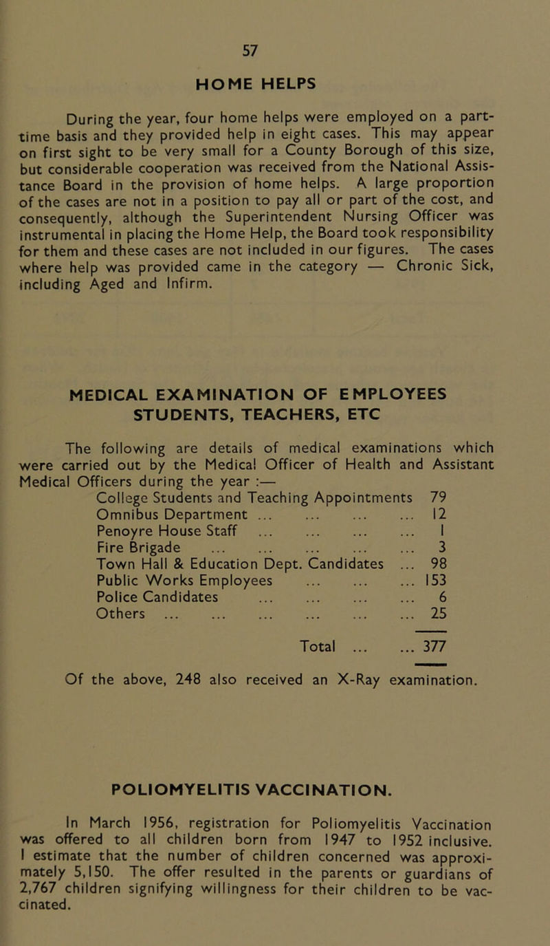 HOME HELPS During the year, four home helps were employed on a part- time basis and they provided help in eight cases. This may appear on first sight to be very small for a County Borough of this size, but considerable cooperation was received from the National Assis- tance Board in the provision of home helps. A large proportion of the cases are not in a position to pay all or part of the cost, and consequently, although the Superintendent Nursing Officer was instrumental in placing the Home Help, the Board took responsibility for them and these cases are not included in our figures. The cases where help was provided came in the category — Chronic Sick, including Aged and Infirm. MEDICAL EXAMINATION OF EMPLOYEES STUDENTS, TEACHERS, ETC The following are details of medical examinations which were carried out by the Medical Officer of Health and Assistant Medical Officers during the year :— College Students and Teaching Appointments 79 Omnibus Department ... ... ... ... 12 Penoyre House Staff ... I Fire Brigade 3 Town Hall & Education Dept. Candidates ... 98 Public Works Employees 153 Police Candidates 6 Others 25 Total 377 Of the above, 248 also received an X-Ray examination. POLIOMYELITIS VACCINATION. In March 1956, registration for Poliomyelitis Vaccination was offered to all children born from 1947 to 1952 inclusive. I estimate that the number of children concerned was approxi- mately 5,150. The offer resulted in the parents or guardians of 2,767 children signifying willingness for their children to be vac- cinated.