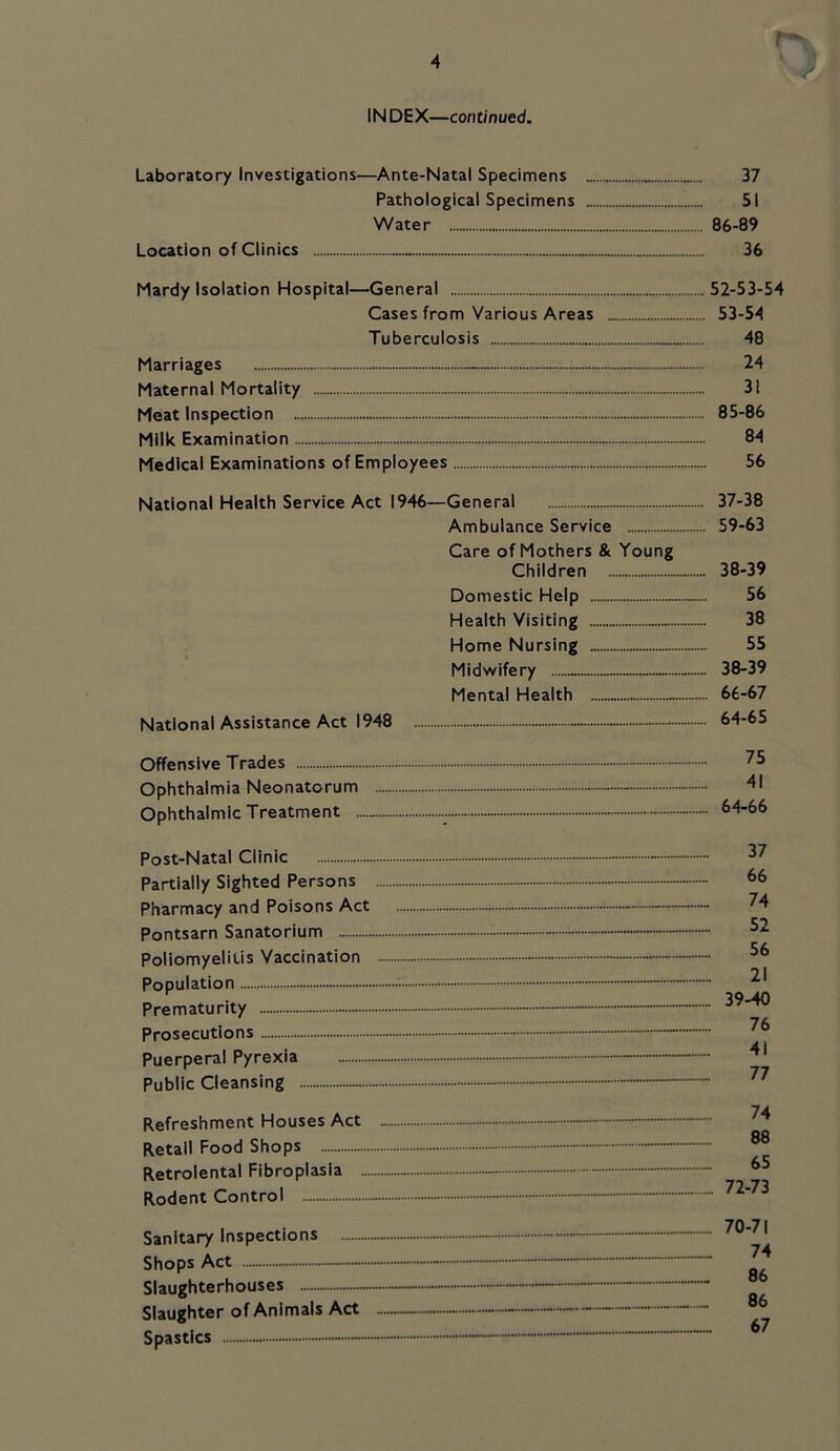 IN DEX—continued. Laboratory Investigations—Ante-Natal Specimens 37 Pathological Specimens 51 Water 86-89 Location of Clinics 36 Mardy Isolation Hospital—General 52-53-54 Cases from Various Areas 53-54 Tuberculosis 48 Marriages 24 Maternal Mortality 31 Meat Inspection 85-86 Milk Examination 84 Medical Examinations of Employees 56 National Health Service Act 1946—General Ambulance Service — Care of Mothers & Young Children Domestic Help Health Visiting Home Nursing Midwifery Mental Health National Assistance Act 1948 37- 38 59-63 38- 39 56 38 55 38-39 66-67 64-65 Offensive Trades — Ophthalmia Neonatorum — Ophthalmic Treatment -•••• 64-66 Post-Natal Clinic Partially Sighted Persons Pharmacy and Poisons Act Pontsarn Sanatorium Poliomyelitis Vaccination - Population Prematurity - Prosecutions Puerperal Pyrexia Public Cleansing Refreshment Houses Act . Retail Food Shops Retrolental Fibroplasia ...... Rodent Control — Sanitary Inspections Shops Act Slaughterhouses Slaughter of Animals Act .. Spastics 37 66 74 52 56 _ 21 39-40 76 41 77 74 88 65 72-73 70-71 74 86 86 67