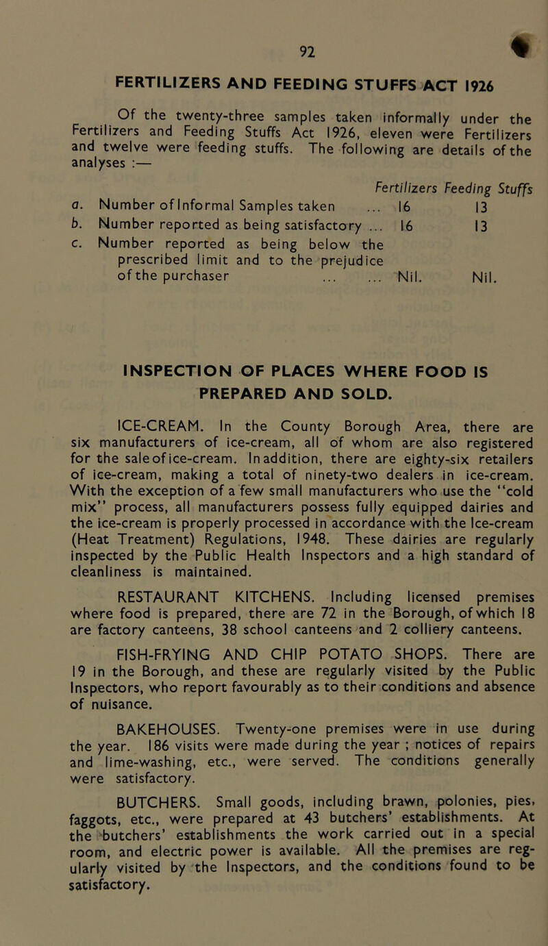 FERTILIZERS AND FEEDING STUFFS ACT 1926 Of the twenty-three samples taken informally under the Fertilizers and Feeding Stuffs Act 1926, eleven were Fertilizers and twelve were feeding stuffs. The following are details of the analyses :— Fertilizers Feeding Stuffs Number ofinformal Samples taken 16 13 Number reported as being satisfactory ... 16 13 Number reported as being below the prescribed limit and to the prejudice of the purchaser Nil. Nil INSPECTION OF PLACES WHERE FOOD IS PREPARED AND SOLD. ICE-CREAM. In the County Borough Area, there are six manufacturers of ice-cream, all of whom are also registered for the sale of ice-cream. In addition, there are eighty-six retailers of ice-cream, making a total of ninety-two dealers in ice-cream. With the exception of a few small manufacturers who use the “cold mix” process, all manufacturers possess fully equipped dairies and the ice-cream is properly processed in accordance with the Ice-cream (Heat Treatment) Regulations, 1948. These dairies are regularly inspected by the Public Health Inspectors and a high standard of cleanliness is maintained. RESTAURANT KITCHENS. Including licensed premises where food is prepared, there are 72 in the Borough, of which 18 are factory canteens, 38 school canteens and 2 colliery canteens. FISH-FRYING AND CHIP POTATO SHOPS. There are 19 in the Borough, and these are regularly visited by the Public Inspectors, who report favourably as to their conditions and absence of nuisance. BAKEHOUSES. Twenty-one premises were in use during the year. 186 visits were made during the year ; notices of repairs and lime-washing, etc., were served. The conditions generally were satisfactory. BUTCHERS. Small goods, including brawn, polonies, pies, faggots, etc., were prepared at 43 butchers’ establishments. At the butchers’ establishments the work carried out in a special room, and electric power is available. All the premises are reg- ularly visited by 'the Inspectors, and the conditions found to be satisfactory.
