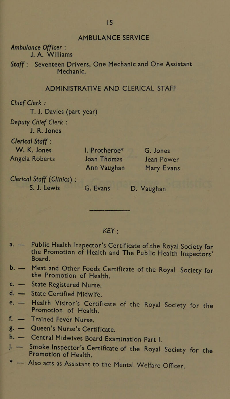 AMBULANCE SERVICE Ambulance Officer : J. A. Williams Staff: Seventeen Drivers, One Mechanic and One Assistant Mechanic. ADMINISTRATIVE AND CLERICAL STAFF Chief Clerk : T. J. Davies (part year) Deputy Chief Clerk : J. R. Jones Clerical Staff: W. K. Jones Angela Roberts Clerical Staff (Clinics) : S. J. Lewis I. Frotheroe* Joan Thomas Ann Vaughan G. Evans G.Jones Jean Power Mary Evans . Vaughan KEY: a. — Public Health Inspector’s Certificate of the Royal Society for the Promotion of Health and The Public Health Inspectors’ Board. b. — Meat and Other Foods Certificate of the Royal Society for the Promotion of Health. c. — State Registered Nurse. d. — State Certified Midwife. e. — Health Visitor’s Certificate of the Royal Society for the Promotion of Health. f- — Trained Fever Nurse. ?• — Queen’s Nurse’s Certificate. h* Central Midwives Board Examination Part I. j. — Smoke Inspector’s Certificate of the Royal Society for the Promotion of Health. ' * — Also acts as Assistant to the Mental Welfare Officer.