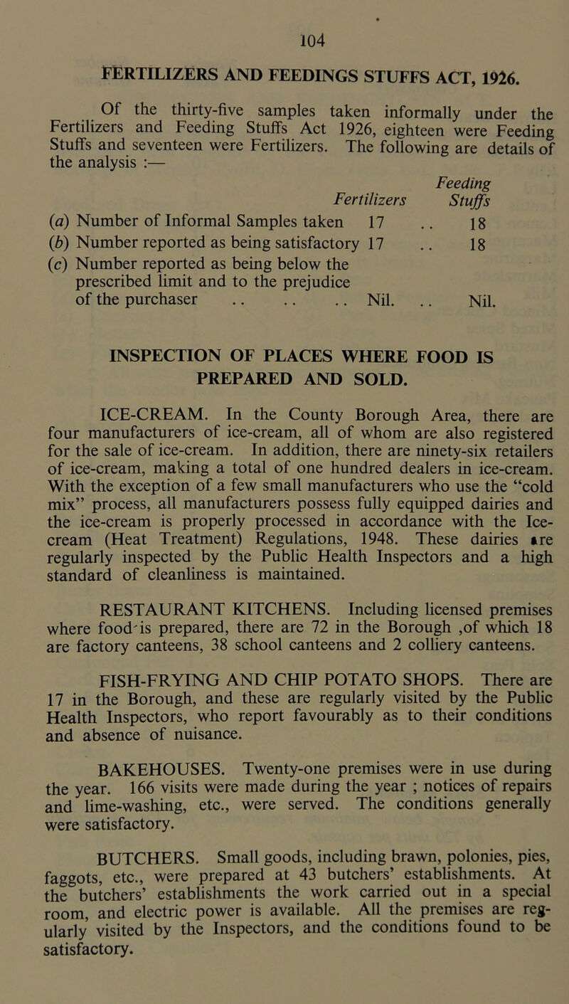 FERTILIZERS AND FEEDINGS STUFFS ACT, 1926. Of the thirty-five samples taken informally under the Fertilizers and Feeding Stuff’s Act 1926, eighteen were Feeding Stuff’s and seventeen were Fertilizers. The following are details of the analysis :— Feeding Fertilizers Stuffs (а) Number of Informal Samples taken 17 .. 18 (б) Number reported as being satisfactory 17 .. 18 (c) Number reported as being below the prescribed limit and to the prejudice of the purchaser Nil. .. Nil. INSPECTION OF PLACES WHERE FOOD IS PREPARED AND SOLD. ICE-CREAM. In the County Borough Area, there are four manufacturers of ice-cream, all of whom are also registered for the sale of ice-cream. In addition, there are ninety-six retailers of ice-cream, making a total of one hundred dealers in ice-cream. With the exception of a few small manufacturers who use the “cold mix” process, all manufacturers possess fully equipped dairies and the ice-cream is properly processed in accordance with the Ice- cream (Heat Treatment) Regulations, 1948. These dairies »re regularly inspected by the Public Health Inspectors and a high standard of cleanliness is maintained. RESTAURANT KITCHENS. Including licensed premises where food'is prepared, there are 72 in the Borough ,of which 18 are factory canteens, 38 school canteens and 2 colliery canteens. FISH-FRYING AND CHIP POTATO SHOPS. There are 17 in the Borough, and these are regularly visited by the Public Health Inspectors, who report favourably as to their conditions and absence of nuisance. BAKEHOUSES. Twenty-one premises were in use during the year. 166 visits were made during the year ; notices of repairs and lime-washing, etc., were served. The conditions generally were satisfactory. BUTCHERS. Small goods, including brawn, polonies, pies, faggots, etc., were prepared at 43 butchers’ estabhshments. At the butchers’ establishments the work carried out in a special room, and electric power is available. All the premises are reg- ularly visited by the Inspectors, and the conditions found to be satisfactory.