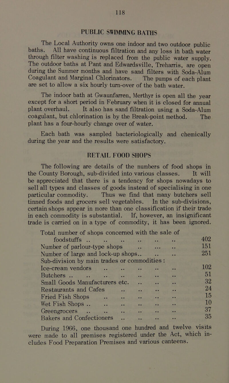 PUBLIC SWIMMING BATHS The Local Authority owns one indoor and two outdoor public baths. All have continuous filtration and any loss ih bath water through filter washing is replaced from the public water supply. The outdoor baths at Pant and Edwardsville, Treharris, are open during the Summer months and have sand filters with Soda-Alum Coagulant and Marginal Chlorinators. The pumps of each plant are set to allow a six hourly turn-over of the bath water. The indoor bath at Gwaunfarren, Merthyr is open all the year except for a short period in February when it is closed for annual plant overhaul. It also has sand filtration using a Soda-Alum coagulant, but chlorination is by the Break-point method. The plant has a four-hourly change over of water. Each bath was sampled bacteriologically and chemically during the year and the results were satisfactory. RETAIL FOOD SHOPS The following are details of the numbers of food shops in the County Borough, sub-divided into various classes. It will be appreciated that there is a tendency for shops nowadays to sell all types and classes of goods instead of specialising in one particular commodity. Thus we find that many butchers sell tinned foods and grocers sell vegetables. In the sub-divisions, certain shops appear in more than one classification if their trade in each commodity is substantial. If, however, an insignificant trade is carried on in a type of commodity, it has been ignored. Total number of shops concerned with the sale of foodstuffs .. 402 Number of parlour-type shops 151 Number of large and lock-up shops 251 Sub-division by main trades or commodities : Ice-cream vendors .. .. .. •• .. 102 Butchers .. .. .. .. .. •• •• 51 Small Goods Manufacturers etc 32 Restaurants and Cafes 24 Fried Fish Shops 15 Wet Fish Shops .. .. .. 10 Greengrocers .. 37 Bakers and Confectioners 35 During 1966, one thousand one hundred and twelve visits were made to all premises registered under the Act, which in- cludes Food Preparation Premises and various canteens.