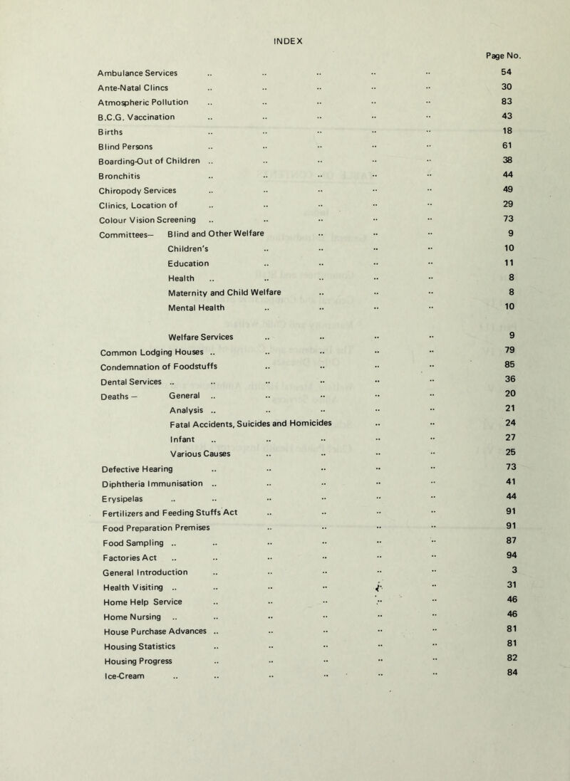 INDEX Page No. Ambulance Services .. .. •• •• •• 54 Ante-Natal Clines .. •• •• •• ■■ 30 Atmospheric Pollution .. .. .. ■■ •• 83 B.C.G. Vaccination .. .. •• 43 Births •• •• ••  18 Blind Persons .. •• •• •• - 61 Boarding-Out of Children .. .. •• •• •• 38 Bronchitis .. •• ••  44 Chiropody Services .. •• 49 Clinics, Location of .. •• - •• •• 29 Colour Vision Screening .. .. •• •• •• 73 Committees— Blind and Other Welfare .. - •• 9 Children's .. - •• 10 Education .. •• •• 11 Health .. .. •• •• 8 Maternity and Child Welfare .. •• •• 8 Mental Health .. .. •• •• 10 Welfare Services .. .. •• 9 Common Lodging Houses .. .. - •• *• Condemnation of Foodstuffs .. •• •• •• 85 Dental Services .. .. •• ••  86 Deaths - General .. .. - •• 20 Analysis .. .. •• •• 21 Fatal Accidents, Suicides and Homicides .. 24 Infant .. .. •• •• ■■ 27 Various Causes .. •• •• 25 Defective Hearing .. ••  78 Diphtheria Immunisation .. .. - ••  41 Erysipelas .. -• •• ••   44 Fertilizers and Feeding Stuffs Act .. •• •• 91 Food Preparation Premises .. •• ••  81 Food Sampling .. .. ■■ •• ” 87 Factories Act .. ..  84 General Introduction .. •• ••  8 Health Visiting .. .. - “ 81 Home Help Service .. •• •• ;■  4® Home Nursing ..   4® House Purchase Advances .. -  81 Housing Statistics .. - •• ■■  8^ Housing Progress .. - ••  82 Ice-Cream .. .. ••   84