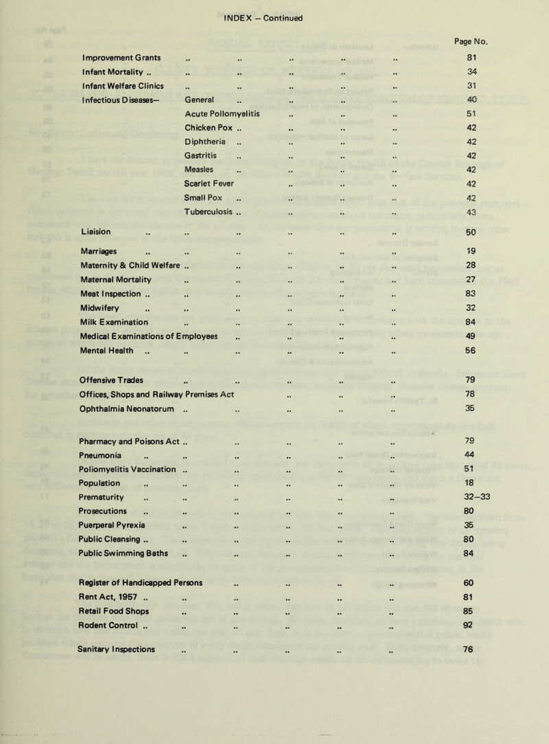 Page No. Improvement Grants .. .. .. .. .. 81 Infant Mortality .. .. .. .. .. .. 34 Infant Welfare Clinics .. .. .. .. .. 31 I nfectious D iseases— General .. .. .. .. 40 Acute Poliomyelitis .. .. .. 51 Chicken Pox .. .. .. .. 42 Diphtheria .. .. .. .. 42 Gastritis .. .. .. .. 42 Measles .. .. .. .. 42 Scariet Fever .. .. .. 42 Small Pox .. .. .. .. 42 Tuberculosis .. .. .. .. 43 Liaision .. .. .. .. .. .. 50 Marriages .. .. .. .. .. .. IS Maternity & Child Welfare .. .. .. .. .. 28 Maternal Mortality .. .. .. .. .. 27 Meat I nspection .. .. .. .. .. .. 83 Midwifery .. .. .. .. .. .. 32 Milk Examination .. .. .. .. .. 84 Medical Examinations of Employees .. .. .. .. 49 Mental Health .. .. .. .. .. .. 56 Offensive Trades .. .. .. .. .. 79 Offices, Shops and Railway Premises Act .. .. .. 78 Ophthalmia Neonatorum .. .. .. .. .. 35 Pharmacy and Poisons Act .. .. .. .. .. 79 Pneumonia .. .. .. .. .. .. 44 Poliomyelitis Vaccination .. .. .. .. .. 51 Population .. .. .. .. .. .. 18 Prematurity .. .. .. .. .. .. 32—33 Prosecutions .. .. .. .. .. .. 80 Puerperal Pyrexia .. .. .. .. 35 Public Cleansing .. .. .. .. .. .. 80 Public Swimming Baths .. .. .. .. .. 84 Register of Handicapped Persons 60 Rent Act, 1957 .. .. .. .. .. .. 81 Retail Food Shops .. .. .. .. .. 85 Rodent Control .. .. .. 92 Sanitary Inspections 76