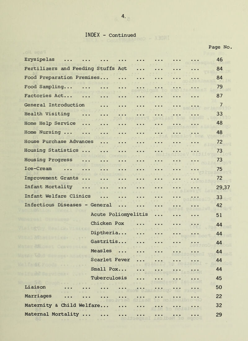 INDEX - Continued Erysipelas Fertilizers and Feeding Stuffs Act Food Preparation Premises Food Sampling Factories Act General Introduction Health Visiting Home Help Service Home Nursing House Purchase Advances Housing Statistics ... Housing Progress Ice-Cream Improvement Grants ... Infant Mortality Infant Welfare Clinics Infectious Diseases - General Acute Poliomyelitis Chicken Pox Diptheria... Gastritis... Measles Scarlet Fever Small Pox... Tuberculosis Lrarson ... ... ... ... Marriages Maternity & Child Welfare Page No. 46 84 84 79 87 7 33 48 48 72 73 73 75 72 29,37 33 42 51 44 44 44 44 44 44 45 50 22 32 29 Maternal Mortality .