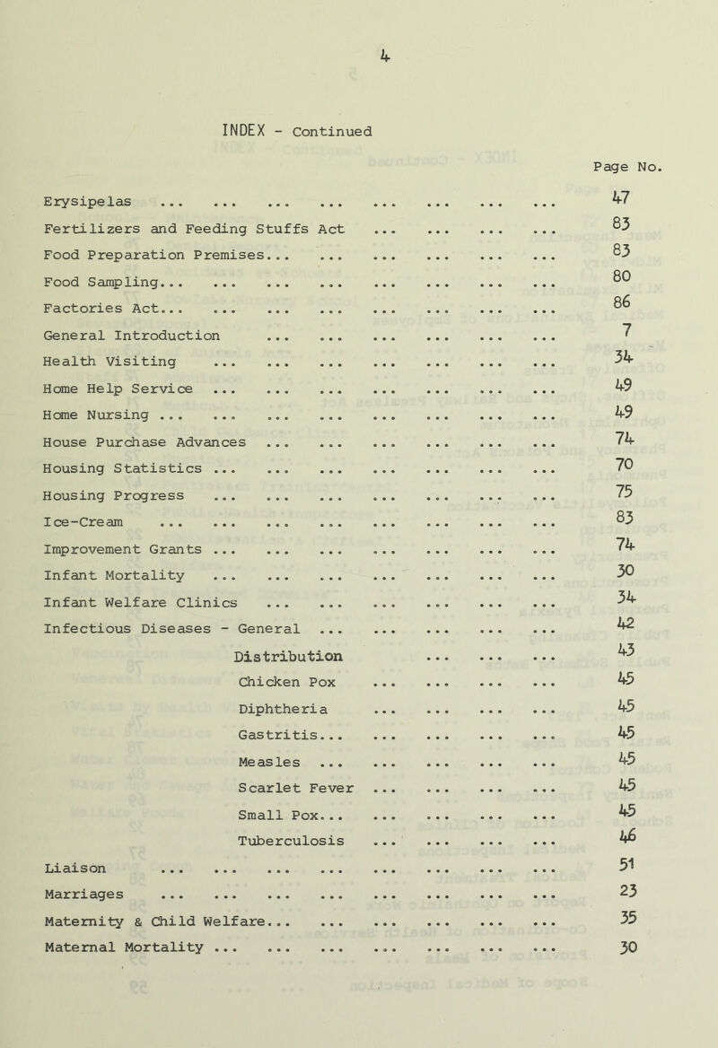 INDEX - Continued Erysipelas Fertilizers and Feeding Stuffs Act Food Preparation Premises . Food Sampling... ... ... ... Factories Act... ... ... ... General Introduction Health Visiting ... Home Help Service ... ... ... Hone Nursing ... ... ... ... House Purchase Advances ... ... Housing Statistics ... ... ... Housing Progress Ice-Cream ... Improvement Grants ... ... ... Infant Mortality ... Infant Welfare Clinics ... ... Infectious Diseases - General ... Distribution Chicken Pox Diphtheria Gastritis... Measles Scarlet Fever Small Pox... Tuberculosis Liaison ... ... ... Marriages Maternity & Child Welfare... Page No. 47 83 83 80 86 7 34 49 49 74 70 75 83 74 30 34 42 43 45 45 45 45 45 45 46 51 23 35 30 Maternal Mortality