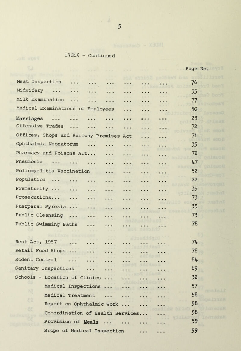 INDEX - Continued Meat Inspection ... ... Midwifery Milk Examination Medical Examinations of Employees Marriages Offensive Trades Offices, Shops and Railway Ophthalmia Neonatorum Pharmacy and Poisons Act... Pneumonia Poliomyelitis Vaccination Population Prematurity Prosecutions ... Puerperal Pyrexia Public Cleansing ... ... Public Swimming Baths Prem ses Rent Act, 1957 Retail Food Shops Rodent Control Sanitary Inspections Schools - Location of Clinics Medical Inspections Medical Treatment Report on Ophthalmic Work ... Co-ordination of Health Services. Provision of Meals Scope of Medical Inspection Page No. 76 35 77 50 23 72 71 35 72 47 52 22 35 73 35 73 78 74 78 84 69 32 57 58 58 58 59 59