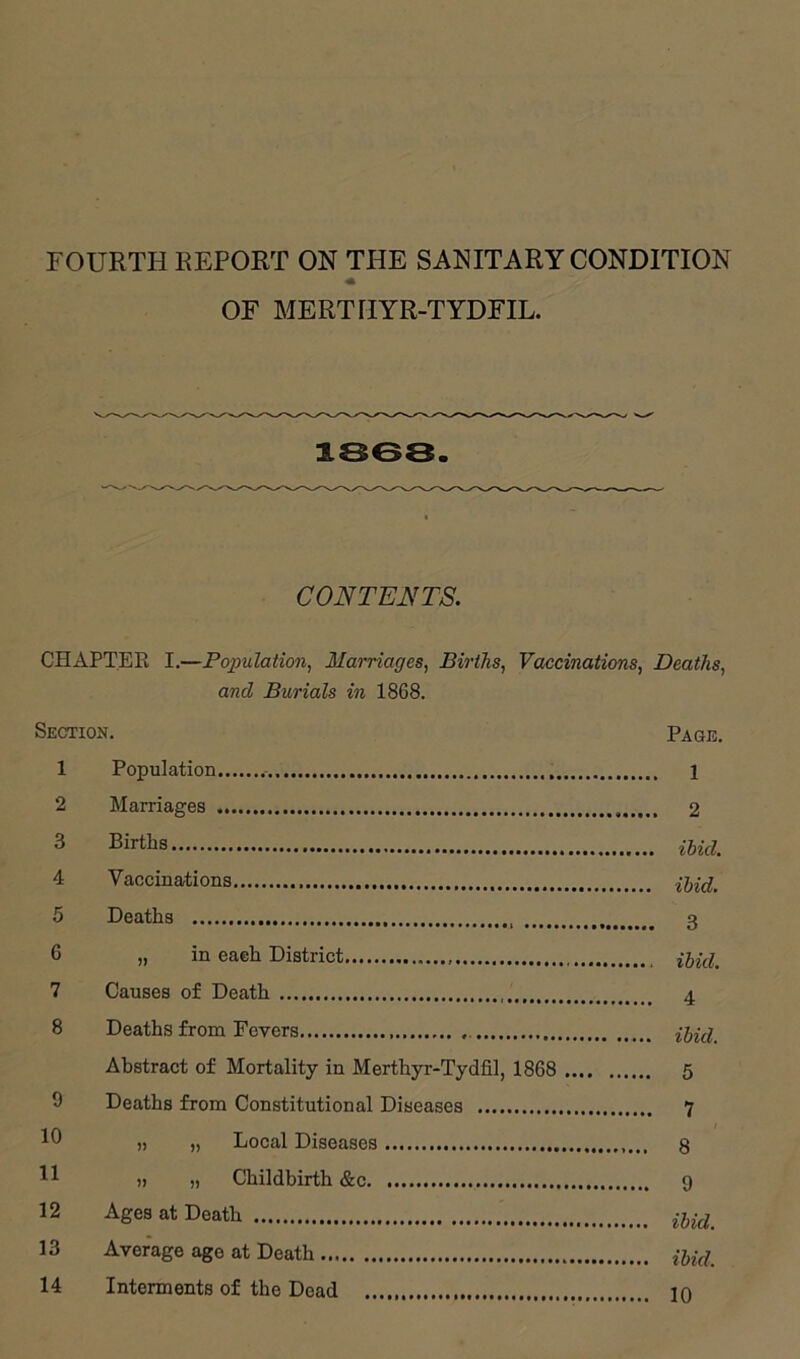 OF MERTHYR-TYDFIL. 1868. CONTEJS^TS. CHAPTER I,—Population, Marriages, Births, Vaccinations, Deaths, and Burials in 1868. Section. Page. 1 Population 1 2 Marriages 2 3 Births md. 4 Vaccinations ibid. 5 Deaths 3 6 „ in each District n,id. 7 Causes of Death 4 8 Deaths from Fevers Abstract of Mortality in Merthyr-Tydfil, 1868 5 9 Deaths from Constitutional Diseases 7 19 „ „ Local Diseases g 11 )> » Childbirth &c 9 12 Ages at Death 13 Average age at Death md^ 14 Interments of the Dead 10