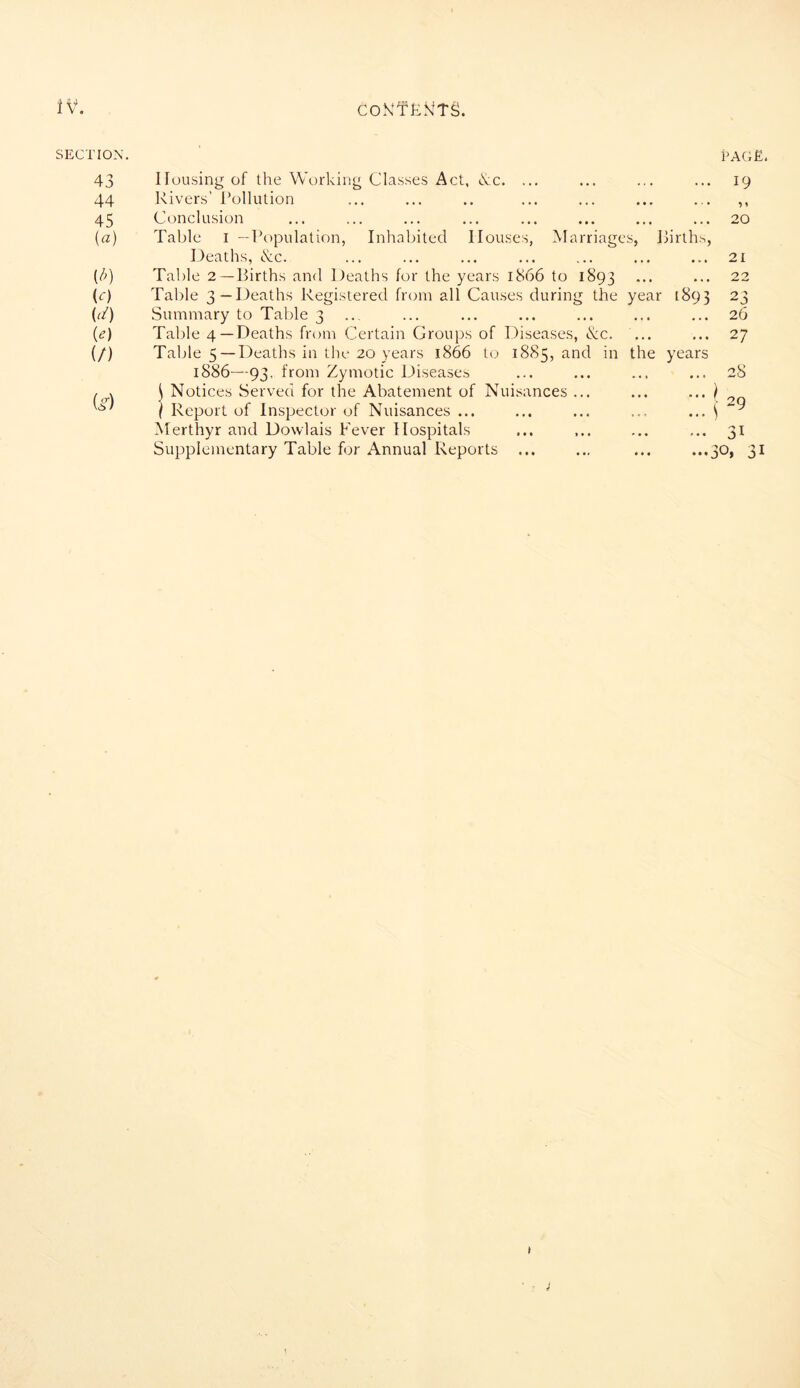 SECTION. 43 44 45 (a) (*) (0 W) («) (/) Or) Housing of the Working Classes Act, &c. ... Rivers’ Pollution Conclusion Table i —Population, Inhabited Houses, Marriages, Ilirths, Deaths, &c. Table 2—Births and Deaths for the years 1866 to 1893 Table 3—Deaths Registered from all Causes during the year [893 Summary to Table 3 Table 4—Deaths from Certain Groups of Diseases, &c. Table 5— Deaths in the 20 years 1866 to 1885, and in the years 1886—93, from Zymotic Diseases \ Notices Served for the Abatement of Nuisances ... ... ... ) ( Report of Inspector of Nuisances ... ... ... ... ... \ Merthyr and Dowlais Fever Hospitals Supplementary Table for Annual Reports PAGE. 19 ?» 20 21 2 2 26 27 28 29 il ...30* » i Oj to