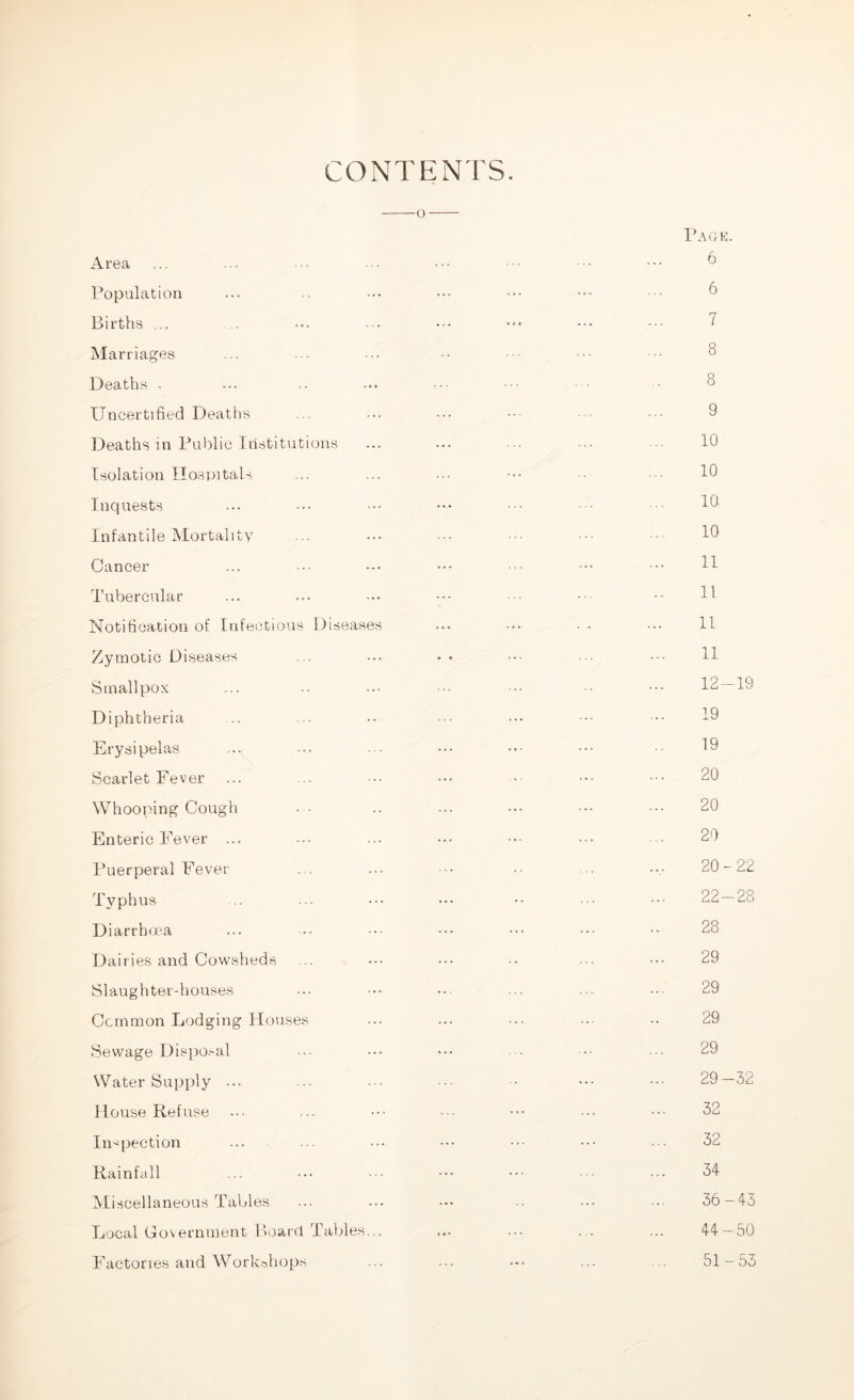 CONTENTS. o Page. Area ... ... • •• ••• ••• ••• 6 Population ... .. ••• ••• ••• ••• 6 Births ... .. ... ••• ••• ••• ? Marriages Deaths - ... .. • 8 Uncertified Deaths ... ... ••• 9 Deaths in Public Institutions ... ... • • ••• 10 Isolation Hospitals ... ... ... ••• 10 Inquests ... ••• ••• ••• ••• 10 Infantile Mortality ... ••• 10 Cancer ... ■■■ ••• ••• ••• H Tubercular ... ... ••• •• H Notification of Infectious Diseases ... U Zymotic Diseases ... ... . . ••• ... 11 Smallpox ... .- ... •• 12—19 Diphtheria ... ... •• ••• ••• ••• ••• 19 Erysipelas ... ... ... ••• ••• •• 19 Scarlet Fever ... ... ••• ■ ••• 20 Whooping Cough ••• .. ••• ••• 20 Enteric Fever ... ... ... ••• ••• 20 Puerperal Fever ... ... ••• 20-22 Typhus ... ... ••• ••• •• ••• 22—28 Diarrhoea ... ■ ••• ••• ••• ••• 28 Dairies and Cowsheds ... ••• •• ... ••• 29 Slaughter-houses ... ••• • ... ... 29 Common Lodging Houses ... ... ••• •• 29 Sewage Disposal ... ••• ••• ••• 29 Water Supply ... ••• 29—32 House Refuse ... ... ••• ••• ••• ••• 32 Inspection ... ... ••• ••• ••• 32 Rainfall ... 34 Miscellaneous Tables ... ... ••• •• 36-43 Local Government Board Tables... ... ... . . ... 44—50 51-53 Factories and Workshops