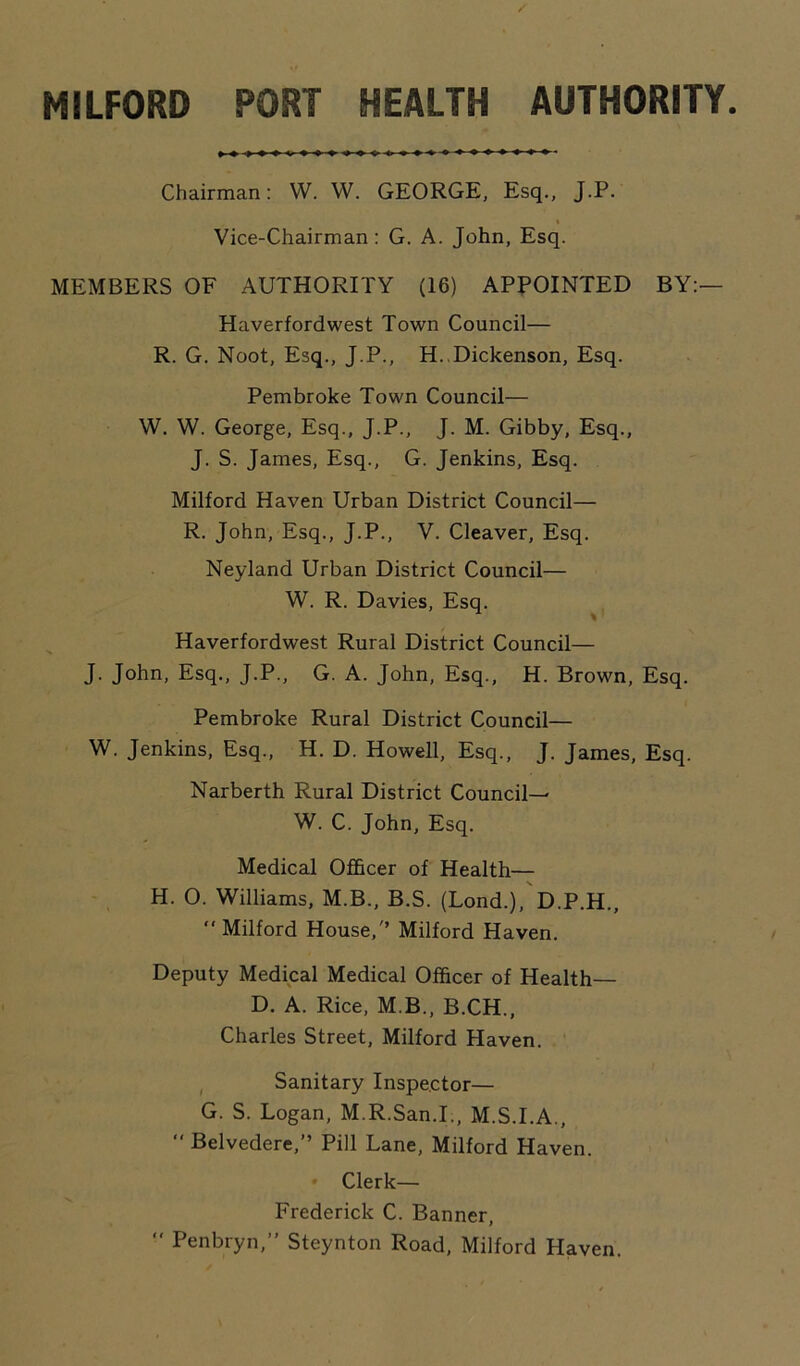 MILFORD PORT HEALTH AUTHORITY Chairman: W. W. GEORGE, Esq., J.P. Vice-Chairman: G. A. John, Esq. MEMBERS OF AUTHORITY (16) APPOINTED BY:— Haverfordwest Town Council— R. G. Noot, Esq., J.P., H. Dickenson, Esq. Pembroke Town Council— W. W. George, Esq., J.P., J. M. Gibby, Esq., J. S. James, Esq., G. Jenkins, Esq. Milford Haven Urban District Council— R. John, Esq., J.P., V. Cleaver, Esq. Neyland Urban District Council— W. R. Davies, Esq. Haverfordwest Rural District Council— J. John, Esq., J.P., G. A. John, Esq., H. Brown, Esq. Pembroke Rural District Council— W. Jenkins, Esq., H. D. Howell, Esq., J. James, Esq. Narberth Rural District Council— W. C. John, Esq. Medical Officer of Health— H. 0. Williams, M.B., B.S. (Lond.), D.P.H., “ Milford House, Milford Haven. Deputy Medical Medical Officer of Health— D. A. Rice, M.B., B.CH., Charles Street, Milford Haven. Sanitary Inspector— G. S. Logan, M.R.San.L, M.S.I.A., “ Belvedere,” Pill Lane, Milford Haven. Clerk— Frederick C. Banner, “ Penbryn,” Steynton Road, Milford Haven.