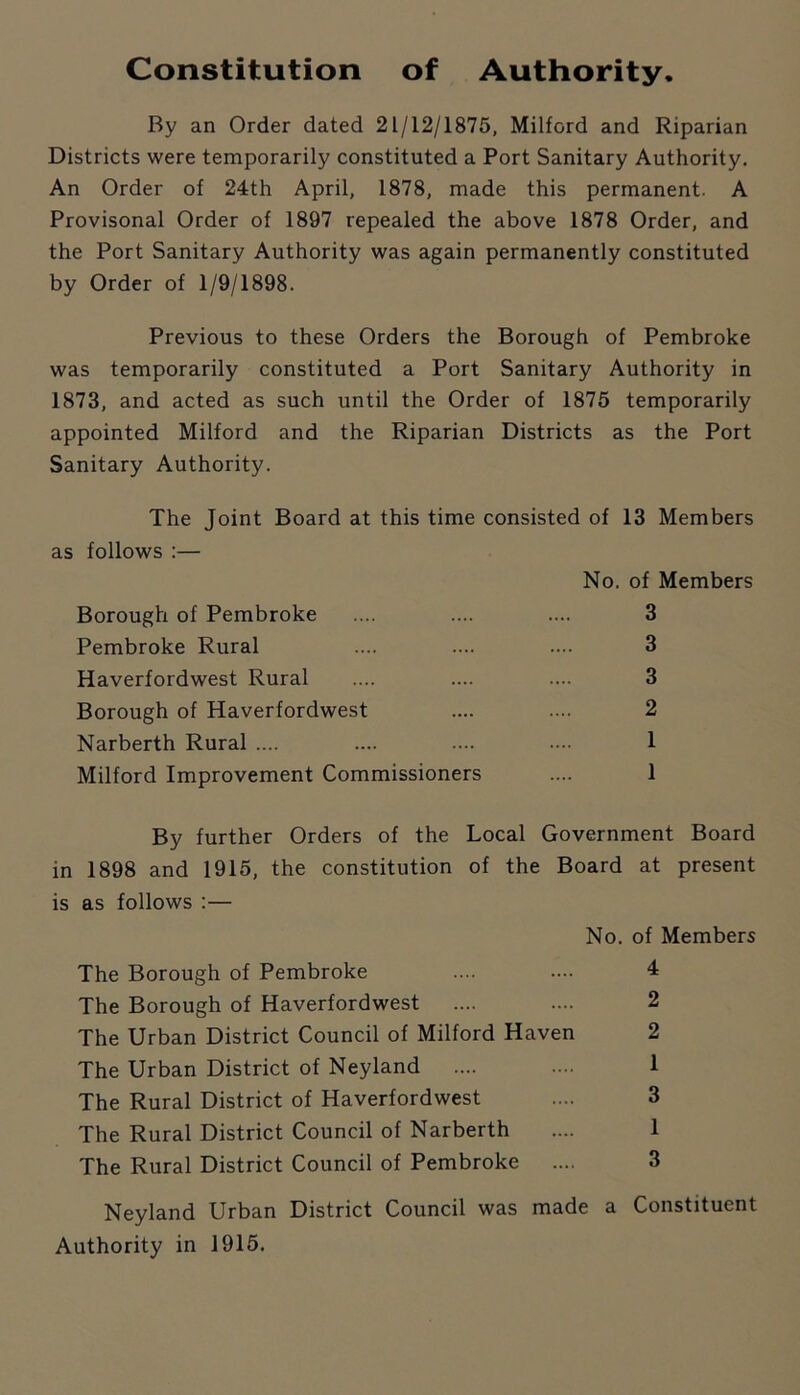 Constitution of Authority. By an Order dated 21/12/1875, Milford and Riparian Districts were temporarily constituted a Port Sanitary Authority. An Order of 24th April, 1878, made this permanent. A Provisonal Order of 1897 repealed the above 1878 Order, and the Port Sanitary Authority was again permanently constituted by Order of 1/9/1898. Previous to these Orders the Borough of Pembroke was temporarily constituted a Port Sanitary Authority in 1873, and acted as such until the Order of 1875 temporarily appointed Milford and the Riparian Districts as the Port Sanitary Authority. The Joint Board at this time consisted of 13 Members as follows :— No. of Members Borough of Pembroke 3 Pembroke Rural 3 Haverfordwest Rural 3 Borough of Haverfordwest 2 Narberth Rural .... 1 Milford Improvement Commissioners 1 By further Orders of the Local Government Board in 1898 and 1915, the constitution of the Board at present is as follows :— No. of Members The Borough of Pembroke 4 The Borough of Haverfordwest 2 The Urban District Council of Milford Haven 2 The Urban District of Neyland .... 1 The Rural District of Haverfordwest 3 The Rural District Council of Narberth 1 The Rural District Council of Pembroke 3 Neyland Urban District Council was made a Constituent Authority in 1915.