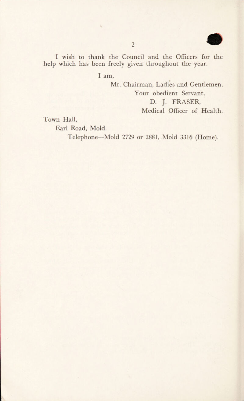 I wish to thank the Council and the Officers for the help which has been freely given throughout the year. I am, Mr. Chairman, Ladies and Gentlemen, Your obedient Servant, D. J. FRASER, Medical Officer of Health. Town Hall, Earl Road, Mold. Telephone—Mold 2729 or 2881, Mold 3316 (Home).