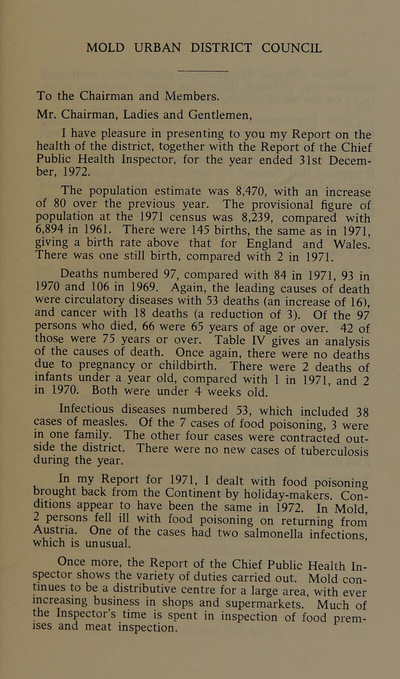 To the Chairman and Members. Mr. Chairman, Ladies and Gentlemen, I have pleasure in presenting to you my Report on the health of the district, together with the Report of the Chief Public Health Inspector, for the year ended 31st Decem- ber, 1972. The population estimate was 8,470, with an increase of 80 over the previous year. The provisional figure of population at the 1971 census was 8,239, compared with 6,894 in 1961. There were 145 births, the same as in 1971, giving a birth rate above that for England and Wales. There was one still birth, compared with 2 in 1971. Deaths numbered 97, compared with 84 in 1971, 93 in 1970 and 106 in 1969. Again, the leading causes of death were circulatory diseases with 53 deaths (an increase of 16), and cancer with 18 deaths (a reduction of 3). Of the 97 persons who died, 66 were 65 years of age or over. 42 of those were 75 years or over. Table IV gives an analysis of the causes of death. Once again, there were no deaths due to pregnancy or childbirth. There were 2 deaths of infants under a year old, compared with 1 in 1971, and 2 in 1970. Both were under 4 weeks old. Infectious diseases numbered 53, which included 38 cases of measles. Of the 7 cases of food poisoning, 3 were in one family. The other four cases were contracted out- side the district. There were no new cases of tuberculosis during the year. In my Report for 1971, I dealt with food poisoning brought back from the Continent by holiday-makers. Con- ditions appear to have been the same in 1972. In Mold, 2 persons fell ill with food poisoning on returning from Austria. One of the cases had two salmonella infections which is unusual. Once more, the Report of the Chief Public Health In- spector shows the variety of duties carried out. Mold con- tinues to be a distributive centre for a large area, with ever increasing business in shops and supermarkets. Much of the Inspector s time is spent in inspection of food prem- ises and meat inspection.