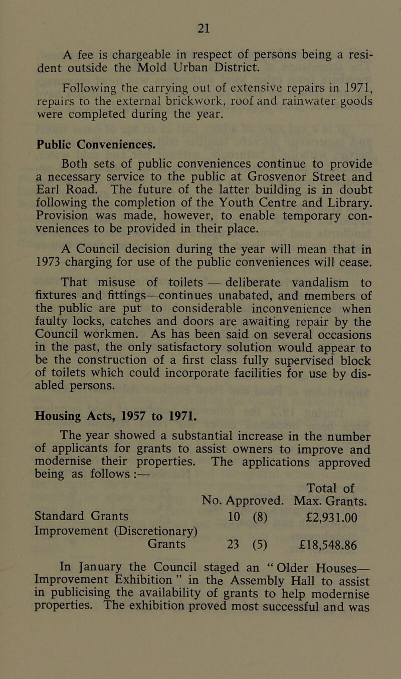 A fee is chargeable in respect of persons being a resi- dent outside the Mold Urban District. Following the carrying out of extensive repairs in 1971, repairs to the external brickwork, roof and rainwater goods were completed during the year. Public Conveniences. Both sets of public conveniences continue to provide a necessary service to the public at Grosvenor Street and Earl Road. The future of the latter building is in doubt following the completion of the Youth Centre and Library. Provision was made, however, to enable temporary con- veniences to be provided in their place. A Council decision during the year will mean that in 1973 charging for use of the public conveniences will cease. That misuse of toilets — deliberate vandalism to fixtures and fittings—continues unabated, and members of the public are put to considerable inconvenience when faulty locks, catches and doors are awaiting repair by the Council workmen. As has been said on several occasions in the past, the only satisfactory solution would appear to be the construction of a first class fully supervised block of toilets which could incorporate facilities for use by dis- abled persons. Housing Acts, 1957 to 1971. The year showed a substantial increase in the number of applicants for grants to assist owners to improve and modernise their properties. The applications approved being as follows :— Total of No. Approved. Max. Grants. Standard Grants 10 (8) £2,931.00 Improvement (Discretionary) Grants 23 (5) £18,548.86 In January the Council staged an “ Older Houses— Improvement Exhibition ” in the Assembly Hall to assist in publicising the availability of grants to help modernise properties. The exhibition proved most successful and was
