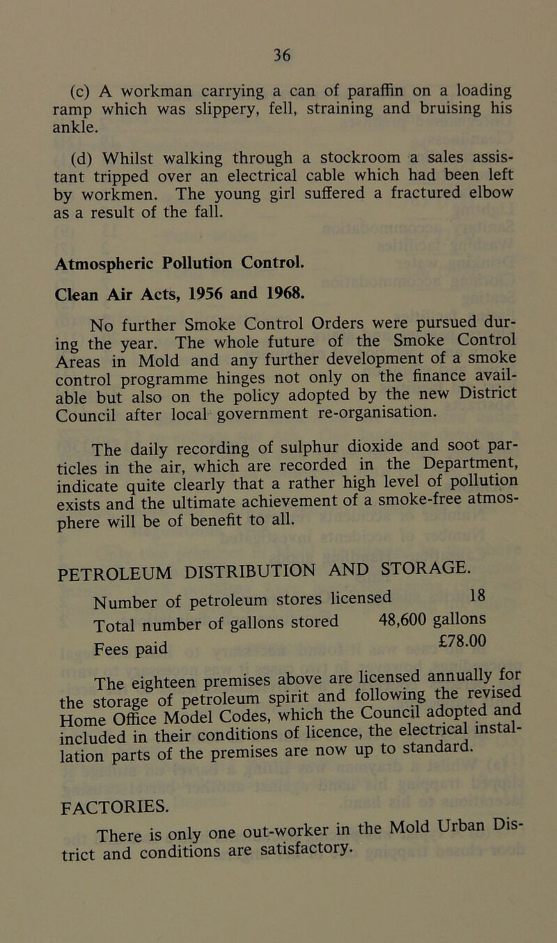 (c) A workman carrying a can of paraffin on a loading ramp which was slippery, fell, straining and bruising his ankle. (d) Whilst walking through a stockroom a sales assis- tant tripped over an electrical cable which had been left by workmen. The young girl suffered a fractured elbow as a result of the fall. Atmospheric Pollution Control. Clean Air Acts, 1956 and 1968. No further Smoke Control Orders were pursued dur- ing the year. The whole future of the Smoke Control Areas in Mold and any further development of a smoke control programme hinges not only on the finance avail- able but also on the policy adopted by the new District Council after local government re-organisation. The daily recording of sulphur dioxide and soot par- ticles in the air, which are recorded in the Department, indicate quite clearly that a rather high level of pollution exists and the ultimate achievement of a smoke-free atmos- phere will be of benefit to all. PETROLEUM DISTRIBUTION AND STORAGE. Number of petroleum stores licensed 18 Total number of gallons stored 48,600 gallons Fees paid £78.00 The eighteen premises above are licensed annually for the storage of petroleum spirit and following the revise^ Home Office Model Codes, which the Council adopted and included in their conditions of licence, the electrical insta - lation parts of the premises are now up to standard. FACTORIES. There is only one out-worker in the Mold Urban Dis trict and conditions are satisfactory.