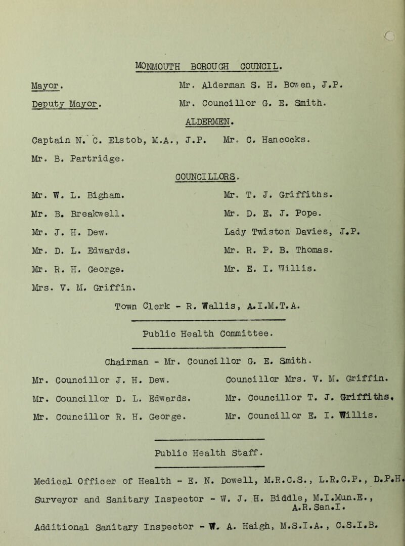 MONMOUTH BOROUGH COUNCIL* Mayor. Mr. Alderman S. H. Bowen, J.P. Deputy Mayor. Mr. Councillor G. E. Smith. ALDERMEN. Captain N. C. Elstob, M.A., I.P. Mr. C. Hancocks. Mr. B. Partridge. COUNCILLORS. Mr. W. L. Bigham. Mr. T. J. Griffiths Mr. B. Breakwell. Mr. D. E, J. Pope. Mr. J. H. Dew. Lady Twiston Davies Mr. D. L. Edwards. Mr. R. P. B. Thomas Mr. R. H. George. Mr. E. I. Willis. Mrs . V . M. Griffin. Town Clerk - R. Wallis, A. I .M. T. A. Public Health Committee. Chairman - Mr. Councillor G. E. Smith. Mr. Councillor J. H. Dew. Councillor Mrs. V. M. Griffin. Mr. Councillor D. L. Edwards. Mr. Councillor T. J. Griffiths# Mr. Councillor R. H. George. Mr. Councillor E. I. Willis. Public Health Staff. Medical Officer of Health - E. N. Dowell, M.R.C.S., L.R.C.P., D.P.H. Surveyor and Sanitary Inspector - V/. I. H. Biddle, M.I.Mun.E., A. R.San.I. Additional Sanitary Inspector - W. A. Haigh, M.S.I.A., C.S.I.B.