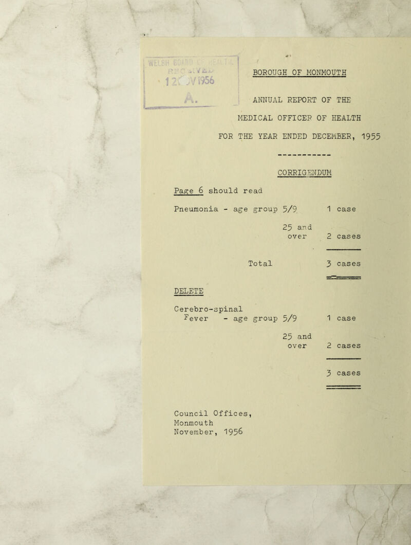 BOROUGH OF MONMOUTH ' iOO ANNUAL REPORT OF THE MEDICAL OFFICER OF HEALTH FOR THE YEAR ENDED DECEMBER, 1955 CORRIGENDUM Page 6 should read Pneumonia - age group 5/9 1 case 25 and over 2 cases Total 5 cases DELETE Cerebro-spinal Lever - age group 5/9 'I case 25 and over 2 cases 3 cases Council Offices, Monmouth November, 195^