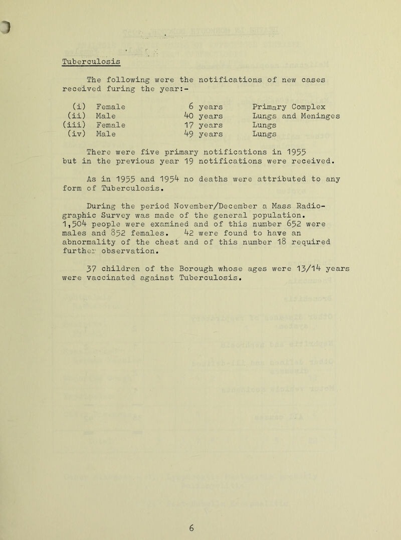1 Tuberculosis The following were the notifications of new cases received furing the year:- (i) Female 6 years Primary Complex (ii) Male ^0 years Lungs and Meninges (iii) Female 17 years Lungs (iv) Male ^9 years Lungs There were five primary notifications in 1955 but in the previous year 19 notifications were received. As in 1955 and 195^+ no deaths were attributed to any form of Tuberculosis. During the period November/December a Mass Radio- graphic Survey was made of the general population. 1,50^+ people were examined and of this number 652 were males and 852 females. kZ were found to have an abnormality of the chest and of this number 18 required further observation. 37 children of the Borough whose ages were 13/1^ years were vaccinated against Tuberculosis.