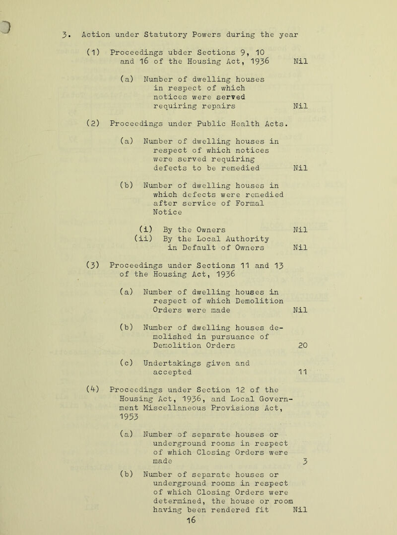 D 3* Action under Statutory Powers during the year (1) Proceedings ubder Sections 9» 10 and 16 of the Housing Act, 193& Nil (a) Number of dwelling houses in respect of which notices were served requiring repairs Nil (2) Proceedings under Public Health Acts. (a) Number of dwelling houses in respect of which notices were served requiring defects to be remedied Nil (b) Number of dwelling houses in which defects were remedied after service of Formal Notice (i) By the Owners Nil (ii) By the Local Authority in Default of Owners Nil (3) Proceedings under Sections 11 and 13 of the Housing Act, 193& (a) Number of dwelling houses in respect of which Demolition Orders were made Nil (b) Number of dwelling houses de- molished in pursuance of Demolition Orders 20 Undertakings accepted given and 11 (A) Proceedings under Section 12 of the Housing Act, 193&, and Local Govern- ment Miscellaneous Provisions Act, 1933 (a) Number of separate houses or underground rooms in respect of which Closing Orders were made 3 (b) Number of separate houses or underground rooms in respect of which Closing Orders were determined, the house or room having been rendered fit Nil