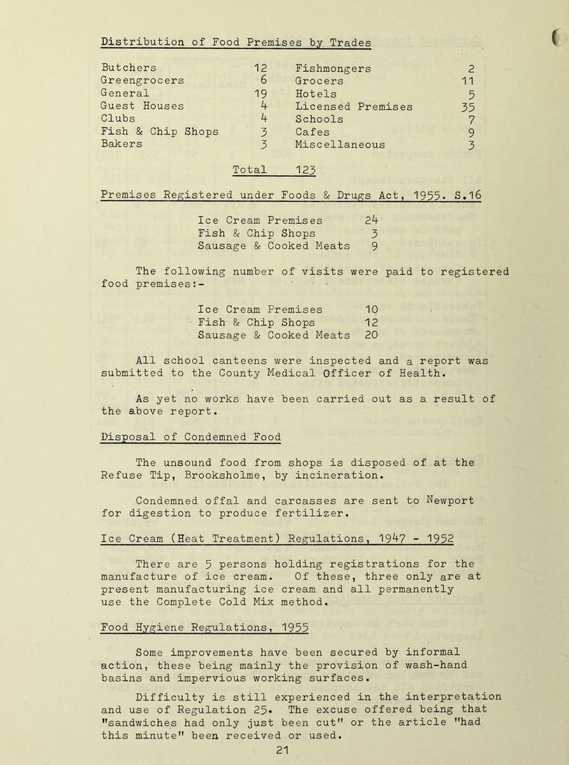 Distribution of Food Premises by Trades ( Butchers 12 Fishmongers 2 Greengrocers 6 Grocers 11 General 19 Hotels 5 Guest Houses k Licensed Premises 33 Clubs k Schools 7 Fish & Chip Shops 3 Cafes 9 Bakers 3 Miscellaneous 3 Total 123 Premises Registered under Foods 8c Drugs Act, 1955* S.16 Ice Cream Premises 2k Fish & Chip Shops 3 Sausage 8c Cooked Meats 9 The following number of visits were paid to registered food premises:- Ice Cream Premises 10 Fish & Chip Shops 12 Sausage 8c Cooked Meats 20 All school canteens were inspected and a report was submitted to the County Medical Officer of Health. As yet no works have been carried out as a result of the above report. Disposal of Condemned Food The unsound food from shops is disposed of at the Refuse Tip, Brooksholme, by incineration. Condemned offal and carcasses are sent to Newport for digestion to produce fertilizer. Ice Cream (Heat Treatment) Regulations, 19^+7 - 1932 There are 5 persons holding registrations for the manufacture of ice cream. Of these, three only are at present manufacturing ice cream and all permanently use the Complete Cold Mix method. Food Hygiene Regulations, 1933 Some improvements have been secured by informal action, these being mainly the provision of wash-hand basins and impervious working surfaces. Difficulty is still experienced in the interpretation and use of Regulation 25» The excuse offered being that sandwiches had only just been cut or the article had this minute been received or used.