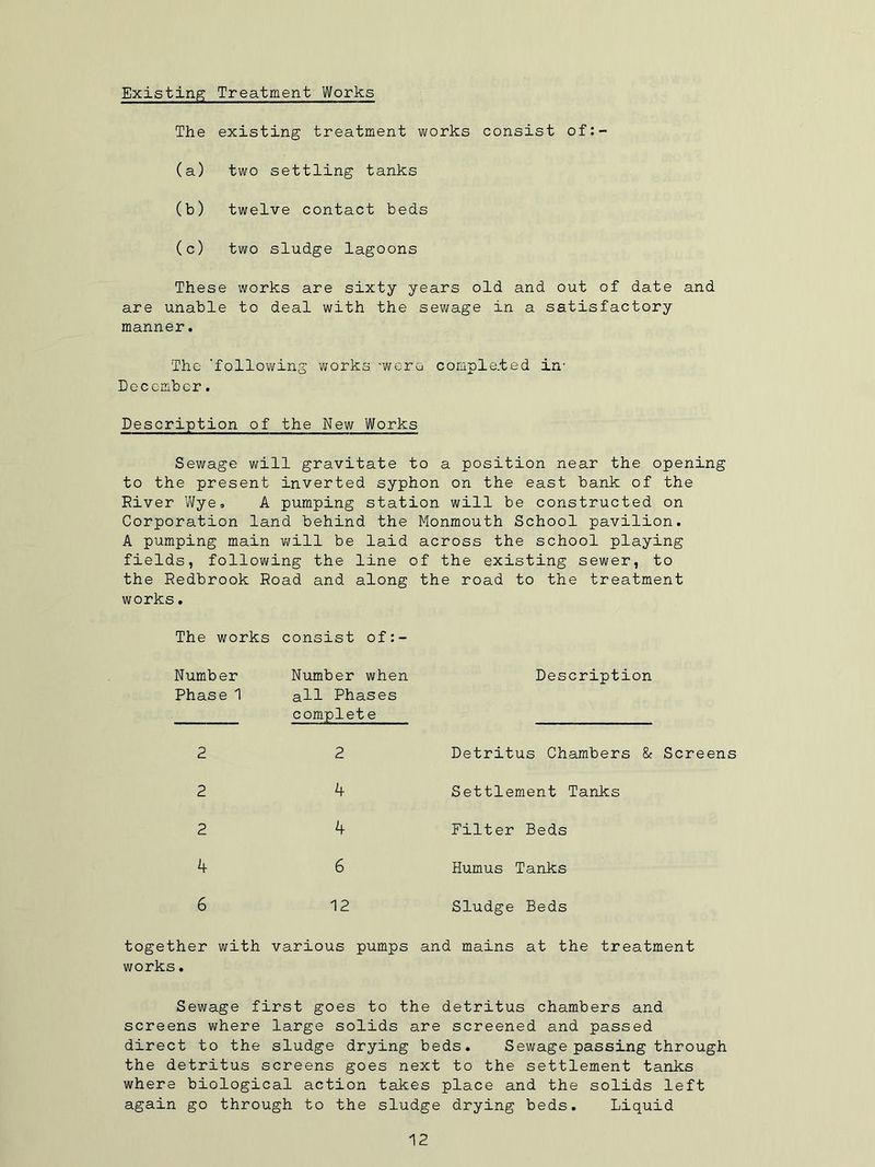 Existing Treatment Works The existing treatment works consist of:- (a) two settling tanks (b) twelve contact beds (c) two sludge lagoons These works are sixty years old and out of date and are unable to deal with the sewage in a satisfactory manner. The 'following works, 'were completed in- Dec ember . Description of the New Works Sewage will gravitate to a position near the opening to the present inverted syphon on the east bank of the River Wye, A pumping station will be constructed on Corporation land behind the Monmouth School pavilion. A pumping main will be laid across the school playing fields, following the line of the existing sewer, to the Redbrook Road and along the road to the treatment works. The works consist of:- Number Phase 1 2 2 2 4 6 Number when all Phases complete 2 4 4 6 12 Description Detritus Chambers & Screens Settlement Tanks Filter Beds Humus Tanks Sludge Beds together with various pumps and mains at the treatment works. Sewage first goes to the detritus chambers and screens where large solids are screened and passed direct to the sludge drying beds. Sewage passing through the detritus screens goes next to the settlement tanks where biological action takes place and the solids left again go through to the sludge drying beds. Liquid