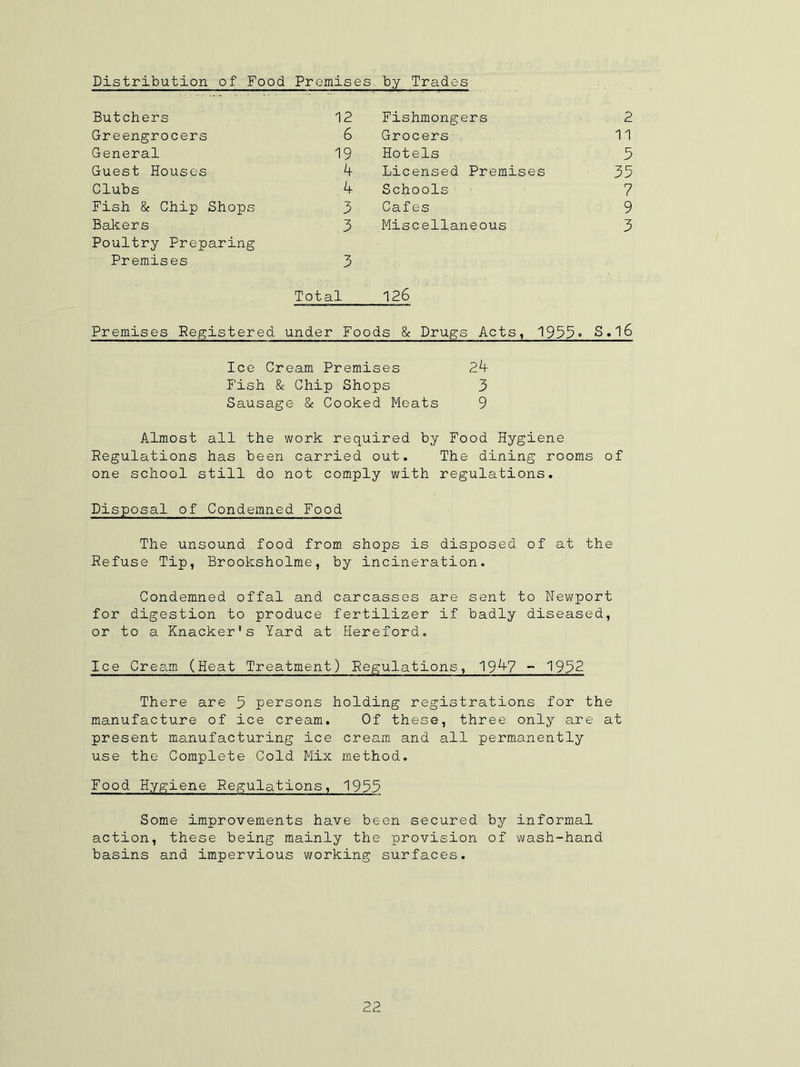 Distribution of Food Premises by Trades Butchers Greengrocers General Guest Houses Clubs Fish & Chip Shops Bakers Poultry Preparing 12 Fishmongers 6 Grocers 19 Hotels 4 Licensed Premises 4 Schools 3 Cafes 3 Miscellaneous 2 11 5 35 Premises Total 126 Premises Registered under Foods & Drugs Acts, 1955° S.l6 2^t 3 9 Ice Cream Premises Fish & Chip Shops Sausage & Cooked Meats Almost all the work required by Food Hygiene Regulations has been carried out. The dining rooms of one school still do not comply with regulations. Disposal of Condemned Food The unsound food from shops is disposed of at the Refuse Tip, Brooksholme, by incineration. Condemned offal and carcasses are sent to Newport for digestion to produce fertilizer if badly diseased, or to a Knacker’s Yard at Hereford. Ice Cream (Heat Treatment) Regulations, 19^-7 - 1952 There are 5 persons holding registrations for the manufacture of ice cream. Of these, three only are at present manufacturing ice cream and all permanently use the Complete Cold Mix method. Food Hygiene Regulations, 1955 Some improvements have been secured by informal action, these being mainly the provision of wash-hand basins and impervious working surfaces. VjJ VO -Nj
