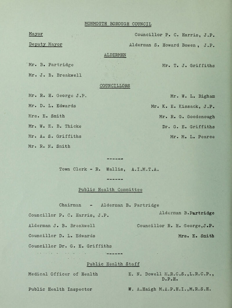 MONMOUTH BOROUGH COUNCIL May°r Councillor P. C. Harris, J.P. Deputy Mayor Alderman S. Howard Bowen, J.P. ALDERMEN Mr. B. Partridge Mr. T. J. Griffiths Mr. J. B. Breakwell COUNCILLORS Mr. R. H. George J.P. Mr. W. L. Bigham Mr. D. L. Edwards Mr. K. E. Kissack, J.P. Mrs . E . Smith Mr. R. G. Goodenough Mr. W. E. B. Thicke Dr. G. E. Griffiths Mr. A. S. Griffiths Mr. M. L. Pearce Mr. R. N. Smith Town Clerk - R. Wallis, A.I.M.T.A. Public Health Committee Chairman - Alderman B. Partridge Councillor P. C. Harris, J.P. Alderman B.Partridge Alderman J. B. Breakwell Councillor R. H. George,J.P. Councillor D. L. Edwards Mrs. E. Smith Councillor Dr. G. E. Griffiths Public Health Staff Medical Officer of Health E. N. Dowell M.R.C.S.,L.R.C.P., D.P.H. Public Health Inspector W. A.Haigh M.A.P.H.I.,M.R.S.H