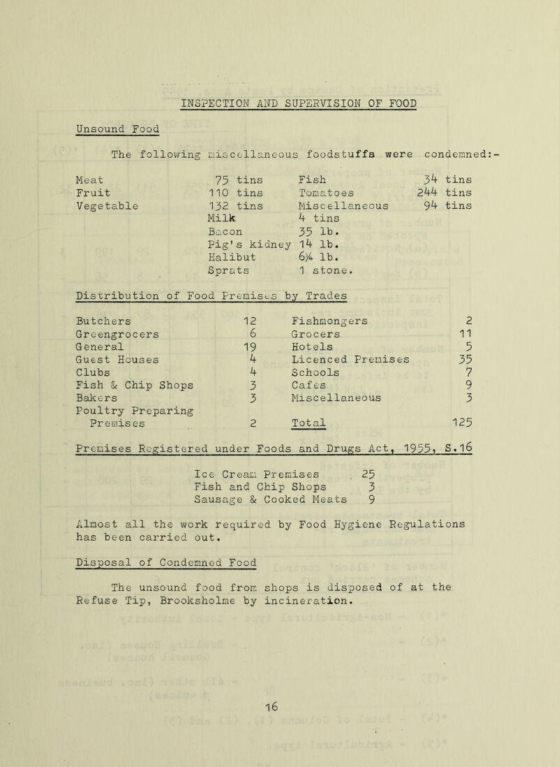 INSPECTION AND SUPERVISION OF FOOD Unsound Food The following miscellaneous foodstuffs were condemned:- Meat 75 tins Fish 34 tins Fruit 110 tins Tomatoes 244 tins Vegetable 132 tins Miscellaneous 94 tins Milk 4 tins Bacon 35 lb. Pig’s kidney l4 lb. Halibut 6]4 lb. Sprats 1 stone. Distribution of Food Premises by Trades Butchers 12 Fishmongers 2 Greengrocers 6 Grocers 11 General 19 Hotels 5 Guest Houses 4 Licenced Premises 35 Clubs 4 Schools 7 Fish Sc Chip Shops 3 Cafes 9 Bcikers 3 Miscellaneous 3 Poultry Preparing Premis es 2 Total 125 Premises Registered under Foods and Drugs Act , 1955, S.16 Ice Cream Premises , 25 Fish and Chip Shops 3 Sausage & Cooked Meats 9 Almost all the work require d by Food Hygiene Regulations has been carried out. Disposal of Condemned Food The unsound food from shops is disposed of at the Refuse Tip, Brooksholme by incineration.