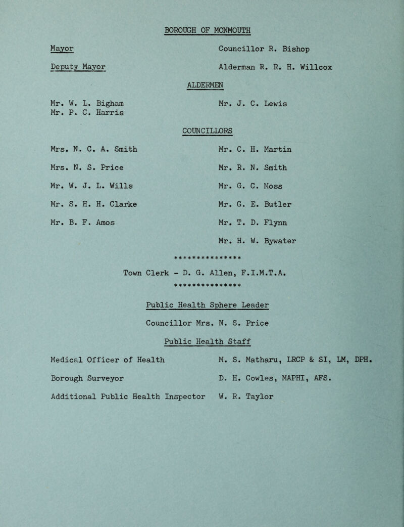 Mayor Councillor R. Bishop Deputy Mayor Alderman R. R. H. Willcox ALDERMEN Mr. W. L. Bigham Mr. P. C. Harris Mr. J. C. Lewis COUNCILLORS Mrs. N. C. A. Smith Mr. C. H. Martin Mrs. N. S. Price Mr. R. N. Smith Mr. W. J. L. Wills Mr. G. C. Moss Mr. S. H. H. Clarke Mr. G. E. Butler Mr. B. F. Amos Mr. T. D. Flynn Mr. H. W. Bywater *************** Town Clerk - D. G. Allen, F.I.M.T.A. *************** Public Health Sphere Leader Councillor Mrs. N. S. Price Public Health Staff Medical Officer of Health M. S. Matharu, LRCP & SI, LM, DPH Borough Surveyor D. H. Cowles, MAPHI, AFS. Additional Public Health Inspector W. R. Taylor