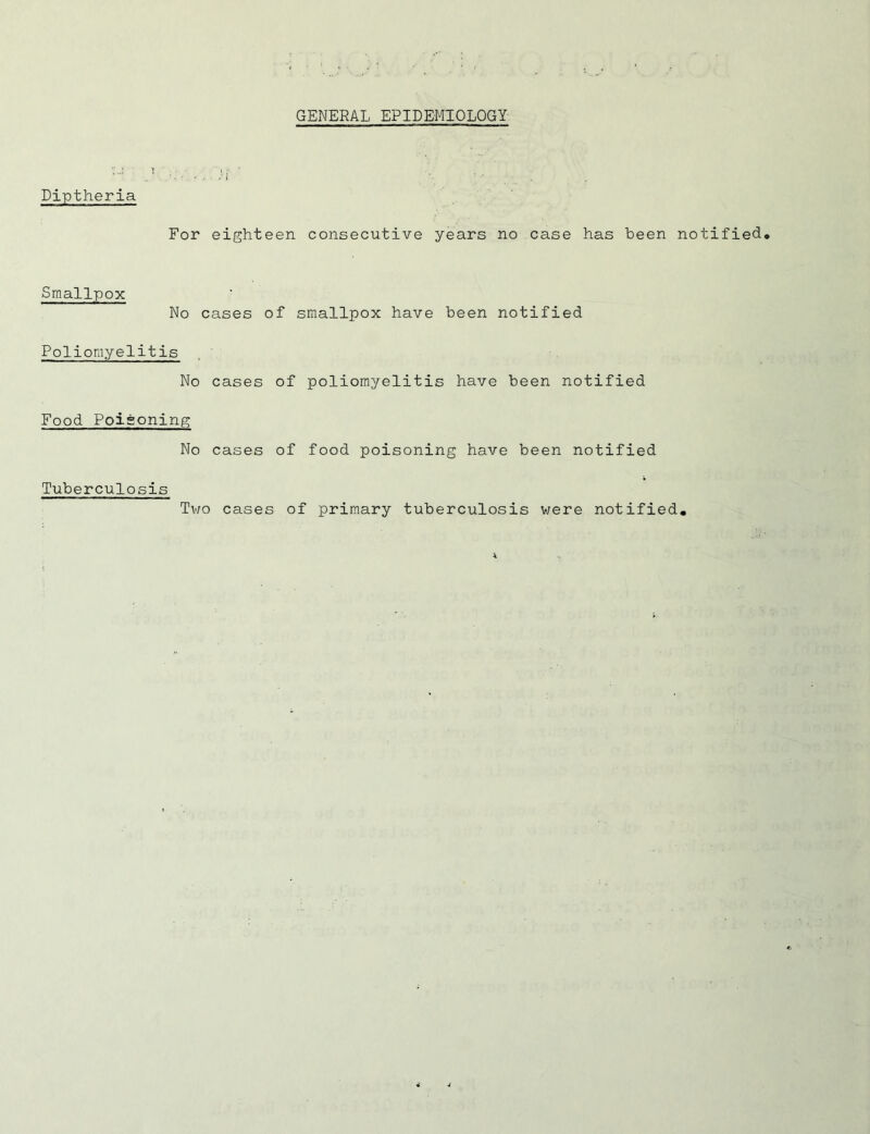 GENERAL EPIDEMIOLOGY Diptheria For eighteen consecutive years no case has been notified* Smallpox No cases of smallpox have been notified Poliomyelitis No cases of poliomyelitis have been notified Food Poisoning No cases of food poisoning have been notified Tuberculosis Two cases of primary tuberculosis were notified