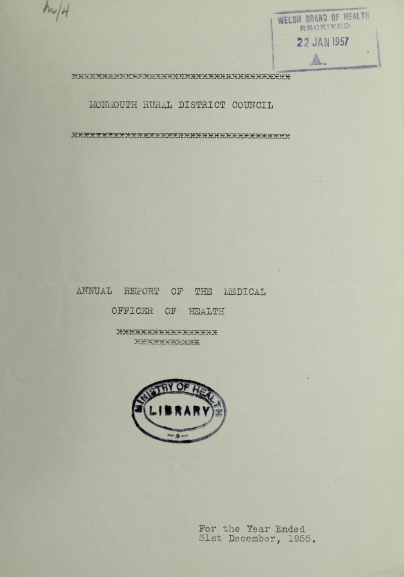 uattSH 80/180 OF HEAITR pRCK' ved 22 JAN 1957 IvIOFi 10UTJI HUiLiL DISTRICT COUNCIL KXXXX3C«DfSXX3eSXSSXX3a®S3ESKKS^3€}Q€»XSX ANNUAL REPORT OP THE MEDICAL OFFICER OF HEALTH XK3E3£K^SX5E3€H}53€»»X KX'KSE‘Q£SO£S For the Year Ended 31st December, 1955