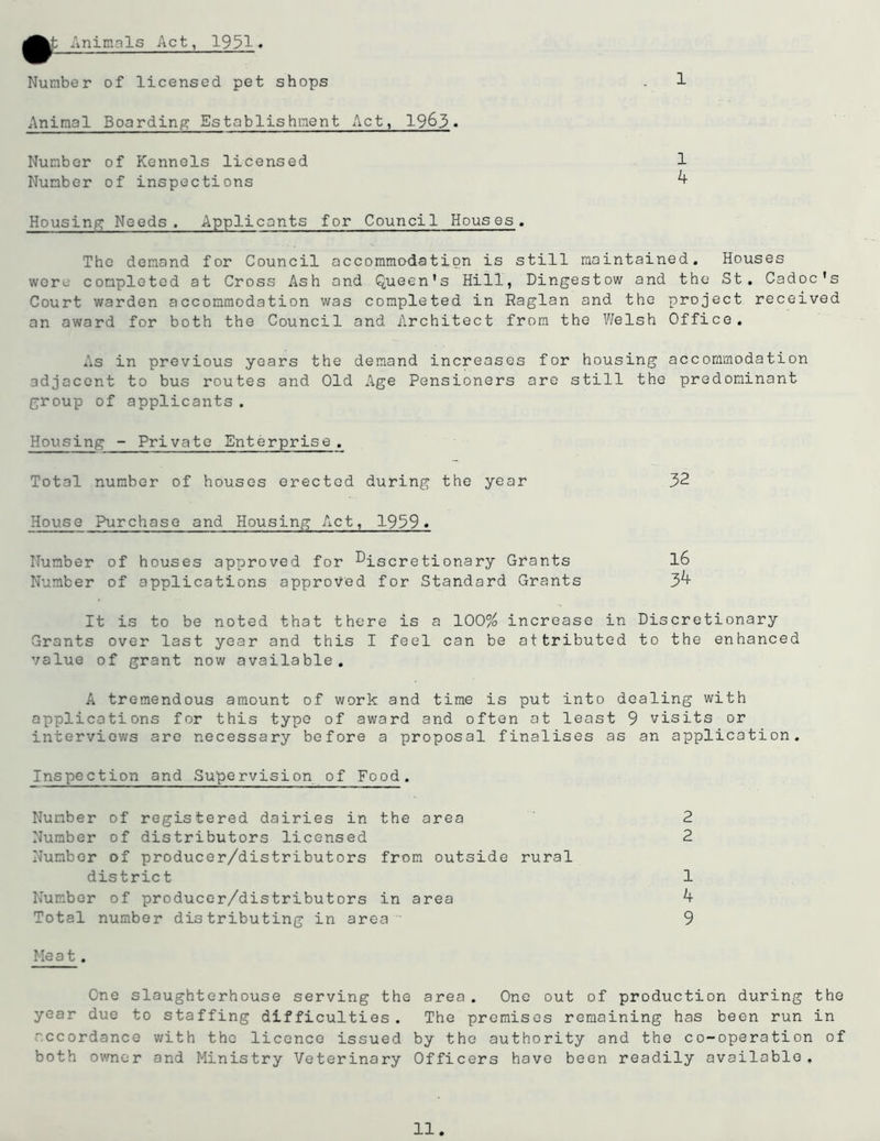 Animals Act, 1951« Number of licensed pet shops Animal Boarding Establishment Act, 1963» 1 Number of Kennels licensed 1 Number of inspections ^ Housing Needs. Applicants for Council Houses. The demand for Council accommodation is still maintained. Houses wore completed at Cross Ash and Queen's Hill, Dingestow and the St. Cadoc's Court warden accommodation was completed in Raglan and the project received an award for both the Council and Architect from the Welsh Office. As in previous years the demand increases for housing accommodation adjacent to bus routes and Old Age Pensioners are still the predominant group of applicants. Housing - Private Enterprise. Total number of houses erected during the year 32 House Purchase and Housing Act, 1939* Number of houses approved for discretionary Grants 16 Number of applications approved for Standard Grants 3^+ It is to be noted that there is a 100% increase in Discretionary Grants over last year and this I feel can be attributed to the enhanced value of grant now available. A tremendous amount of work and time is put into dealing with applications for this type of award and often at least 9 visits or interviews are necessary before a proposal finalises as an application. Inspection and Supervision of Food. Number of registered dairies in the area 2 Number of distributors licensed 2 Number of producer/distributors from outside rural district 1 Number of producer/distributors in area ^ Total number distributing in area 9 Meat. One slaughterhouse serving the area . One out of production during the year due to staffing difficulties. The premises remaining has been run in accordance with the licence issued by the authority and the co-operation of both owner and Ministry Veterinary Officers have been readily available.