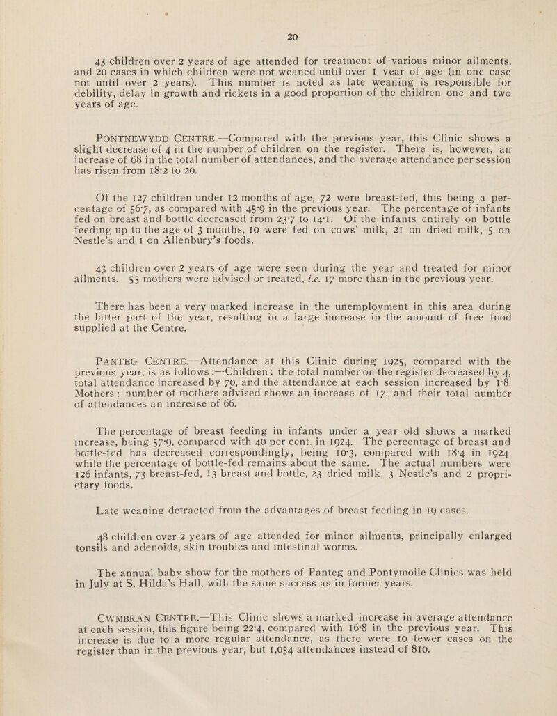 43 children over 2 years of age attended for treatment of various minor ailments, and 20 cases in which children were not weaned until over I year of age (in one case not until over 2 years). This number is noted as late weaning is responsible for debility, delay in growth and rickets in a good proportion of the children one and two years of age. PONTNEWYDD CENTRE.—Compared with the previous year, this Clinic shows a slight decrease of 4 in the number of children on the register. There is, however, an increase of 68 in the total number of attendances, and the average attendance per session has risen from l8-2 to 20. Of the 127 children under 12 months of age, 72 were breast-fed, this being a per¬ centage of 567, as compared with 45-9 in the previous year. The percentage of infants fed on breast and bottle decreased from 237 to 14*1. Of the infants entirely on bottle feeding up to the age of 3 months, 10 were fed on cows’ milk, 21 on dried milk, 5 on Nestle’s and 1 on Allenbury’s foods. 43 children over 2 years of age were seen during the year and treated for minor ailments. 55 mothers were advised or treated, i.e. 17 more than in the previous year. There has been a very marked increase in the unemployment in this area during the latter part of the year, resulting in a large increase in the amount of free food supplied at the Centre. PANTEG CENTRE.—Attendance at this Clinic during 1925, compared with the previous year, is as follows :—Children : the total number on the register decreased by 4, total attendance increased by 7p, and the attendance at each session increased by r8. Mothers : number of mothers advised shows an increase of 17, and their total number of attendances an increase of 66. The percentage of breast feeding in infants under a year old shows a marked increase, being 57*9, compared with 40 per cent, in 1924. The percentage of breast and bottle-fed has decreased correspondingly, being 10*3, compared with 18-4 in 1924, while the percentage of bottle-fed remains about the same. The actual numbers were 126 infants, 73 breast-fed, 13 breast and bottle, 23 dried milk, 3 Nestle’s and 2 propri¬ etary foods. Late weaning detracted from the advantages of breast feeding in 19 cases. 48 children over 2 years of age attended for minor ailments, principally enlarged tonsils and adenoids, skin troubles and intestinal worms. The annual baby show for the mothers of Panteg and Pontymoile Clinics was held in July at S. Hilda’s Hall, with the same success as in former years. CWMBRAN Centre.—This Clinic shows a marked increase in average attendance at each session, this figure being 22*4, compared with l6*8 in the previous year. This increase is due to a more regular attendance, as there were 10 fewer cases on the register than in the previous year, but 1,054 attendances instead of 810.