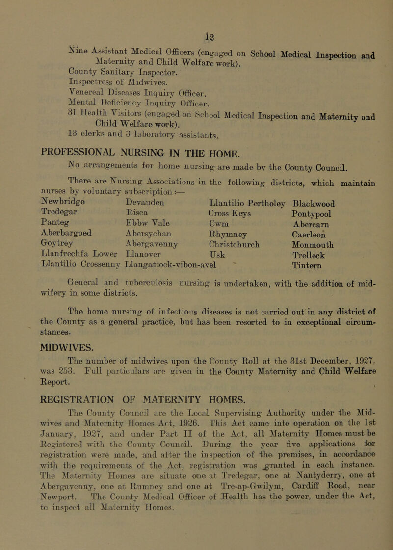 Nine Assistant Medical Officers (engaged on School Medical Inspection and Maternity and Child W elf axe work). County Sanitary Inspector. Inspectress of Midwives. Venereal Diseases Inquiry Officer. Mental Deficiency Inquiry Officer. 31 Health Visitors (engaged on ScLool Medical Inspection and Maternitv and Child Welfare work). 13 clerks and 3 laboratory assistants, PROFESSIONAL NURSING IN THE HOME. No arrangements for home nursing are made by the County Council. There are Nursing Associations in the following districts, which maintain nurses by voluntary subscription :— Newbridge Devauden Tredegar Risca Panteg Ebbw Vale Aberbargoed Abersychan Goytrey Abergavenny Llanfrechfa Lower Llanover Llantilio Crossenny Llangattock-vibon-avel Llantilio Pertholey Cross Keys Cwm Rhymney Christchurch Hsk Blackwood Pontypool Abercam Caerleon Monmouth Trelleck Tintem General and tuberculosis nursing is undertaken, with the addition of mid- wifery in some districts. The home nursing of infectious diseases is not curried out in any district of the County as a general practice, but has been resorted to in exceptional circum- stances. MIDWIVES. The number of midwives iipon the County Roll at the 31st December, 1927. was 253. Full particulars are given in the County Maternity and Child Welfare Report. REGISTRATION OF MATERNITY HOMES. The County Councif ai'e the Local Supeawising Authority under the Mid- wives and Maternity Homes Act, 1926. Tliis Act came into operation on the 1st January, 1927, and under Part II of the Act, all’ Mateinity Homes must be Registered with tlie County Council. During tlie year five applications for registration were made, and after the iuspection of the premises, in accoidance with the requirements of the Act, registratioai was granted in each instance. Tfie Maternity Homes are situate one at Tredegar, one at Nantyderrj', one at Abergavenny, one at Rumney and one at Tre-a.p-Gwilym, Cardiff Road, near Newport. The County Medical Officer of Health has the power, under the Act, to inspect all Mateinity Homes.