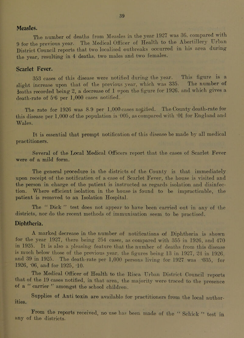 Measles. T1i6 nuniber of detitlis from. IMeiisles in tlie yonr 1927 was 36, comparod witli 9 for the previous year. The Medical Officer of Health to the Abeilillery Urban District Council reports that two localised outbreaks oocnnied in his area during tlie year, resulting in 4 deaths, two males and, two females. Scarlet Fever. 353 cases of this disease were notified during the year. This figure is a slight increase upon that of the previous year, which was 335. The number of ieaths recorded being 2, a decrease of 1 upon the figure for 1926, and which gives a death-rate of 5’6 per 1,000 cases notified. The rate for 1926 was 8.9 per 1,000 cases no^fied. The County death-rate for this disease per 1,000 of the population is '005, as compared with '01 for England and Wales. It is essential that prompt notification of this disease be made by all medical practitioners. Several of the Local Medical Officers report that the cases of Scarlet Fever were of a mild form. The general procedure in the districts of the County is that immediately upon receipt of the notification of a case of Sca.rlet Fever, the house is visited and the person in charge of the patient is instructed as regards isolation and disinfec- tion. Where efficient isolation in the house is found to be impracticable, the patient is removed to an Isolation Hospital. The “ Dick ” test does not appear to have been carried out in any of the districts, nor do the recent methods of immunisation seem to be practised. Diphtheria. A marked decrease in the number of notifications of Diphtheria is shown for the year 1927, there being 254 cases, as compared with 355 in 1926, and 470 in 1925. It is also' a pleasing feature that the number of deaths from this disease is much below tho.se of the previous year, the figures being 13 in 1927, 24 in 1926. and 39 in 1925. The death-rate per 1,000 persons living for 1927 was '035, for 1926, '06, and for 1925, lO. The Medical Officer of Health to tlie Eisca Urban District Council reports that of the 19 cases notified, in that area, the majority Avere traced to the presence of a “ carrier ” amongst the school children. Supplies of Anti toxin are available for practitioners from the local author- ities. From the reports received, no use lias been made of the “ Schick ” test in any of the districts.