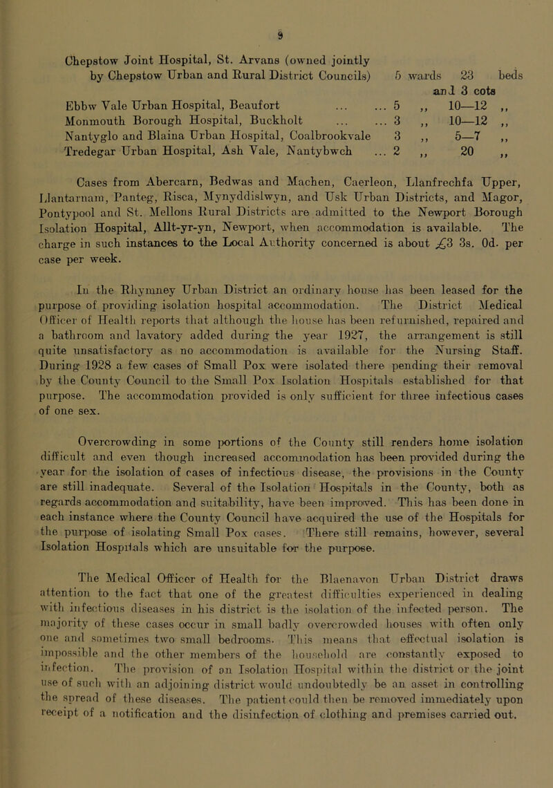 Chepstow Joint Hospital, St. Arvans (owned jointly by Chepstow Urban and Rural District Councils) Ebbw Vale Urban Hospital, Beaufort Monmouth Borough Hospital, Buckholt Nantyglo and Blaina Urban Hospital, Coalbrookvale Tredegar Urban Hospital, Ash Vale, Nantybwch 5 wai'ds 23 beds an J 3 cots ... 5 10—12 ,, ... 3 } > 10—12 „ 3 > > 5-7 „ ... 2 20 „ Cases from Abercarn, Bedwas and Machen, Caerleon, Llanfrechfa Upper, Llantarnam, Panteg, Risca, Mynyddislwyn, and Usk Urban Districts, and Magor, Pontypool and St. Mellons Rural Districts are admitted to the Newport Borough Isolation Hospital, Allt-yr-yn, Newport, when accommodation is available. The charge in such instances to the Local Authority concerned is about ;£3 3s. Od. per case per week. In the Rhymney Urban District an ordinary house has been leased for the purpose of providing isolation hospital accommodation. The District Medical Officer of Healtli reports that although the liouse lias been refurnished, repaired and a bathroom and lavatory added during the year 1927, the arrangement is still quite unsatisfactory as no accommodation is available for the Nursing Staff. During 1928 a few cases of Small Pox were isolated there pending their removal by the County Council to the Small Pox Isolation Hospitals established for that purpose. The accommodation provided is only sufficient for three infectious cases of one sex. Overcrowding in some portions of the County still renders home isolation difficult and even though increased accommodation has been provided during the year for the isolation of cases of infectious disease, the provisions in the County are still inadequate. Several of the Isolation Hospitals in the County, both as regards accommodation and suitability, have been imp'roved. Tliis has been done in each instance where the County Council have acquired the use of the Hospitals for tlie purpose of isolating Small Pox cases. There still remains, however, several Isolation Hospifals which are unsuitable for the purpose. The Medical Officer of Health for the Blaenavon Urban District draws attention to the fact that one of the greatest difficulties experienced in dealing with infectious diseases in his district is the isolation of the infected person. The majority of these cases occur in small badly overorowvled houses with often only one and sometimes two small bedrooms. This means that effectual isolation is impossible and the other members of the liou.sehold are constantly exposed to infection. The provision of on Isolation Hospital within the district or the joint use of such witli an adjoining district would undoubtedly be an a.sset in controlling the spread of these disea.ses. The patient <*ould then be removed immediately upon receipt of a notification and the disinfection of clothing and premises carried out.