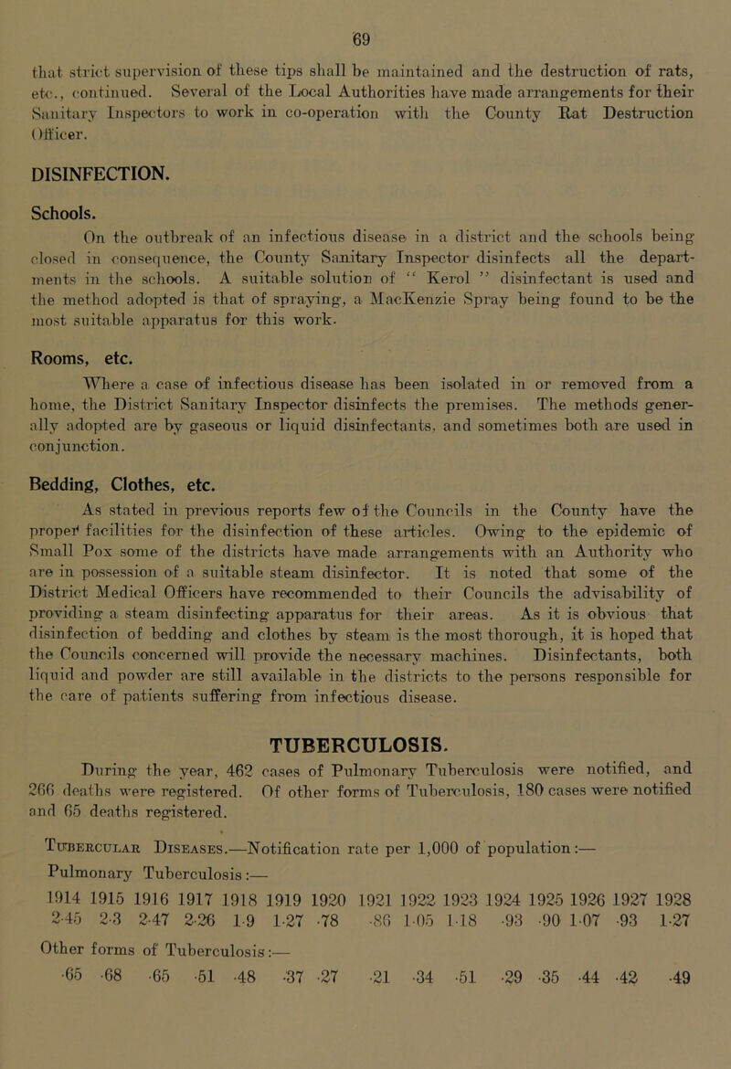 that strict supervision of these tips shall be maintained and the destruction of rats, etc., continued. Several of the Local Authorities have made arrangements for their Sanitary Inspec-tors to work in co-operation with the County Eat Destruction Officer. DISINFECTION. Schools. On the outbreak of an infectious disease in a distinct and the schools being closed in consequence, the County vSanitary Inspector disinfects all the depart- ments in the schools. A suitable solution of “ Kerol ” disinfectant is used and the method adopted is that of spraying, a MacKenzie Spray being found to be the most suitable apparatus for this work. Rooms, etc. Where a case of infectious disease has been isolated in or removed from a home, the District Sanitary Inspector disinfects the premises. The methods gener- ally adopted are by gaseous or liquid disinfectants, and sometimes both are used in conjunction. Bedding, Clothes, etc. As stated in previous reports few of the Councils in the County have the propel^ facilities for the disinfection of these articles. Owing to the epidemic of Small Pox some of the districts have made arrangements with an Authority who are in possession of a suitable steam disinfector. It is noted that some of the District Medical Officers have recommended to their Councils the advisability of providing a steam disinfecting apparatus for their areas. As it is obvious that disinfection of bedding and clothes by steam is the most thorough, it is hoped that the Councils concerned will provide the necessary machines. Disinfectants, both liquid and powder are still available in the districts to the persons responsible for the care of patients suffering from infectious disease. TUBERCULOSIS. During the year, 462 cases of Pulmonary Tuberculosis were notified, and 266 deaths were registered. Of other forms of Tubeimlosis, 180 cases were notified and 65 deaths registered. ruBERCULAR DISEASES.—Notification rate per 1,000 of population:— Pulmonary Tuberculosis:— 1914 1915 1916 1917 1918 1919 1920 1921 1922 1923 1924 192b 1926 1927 1928 2-45 2-3 247 2-26 1 9 1-27 •78 •86 1-05 M8 •93 •90 107 •93 1-27 Other forms of Tuberculosis ■65 -68 -65 -51 48 •37 ■27 •21 •34 •51 •29 •35 •44 •42 •49